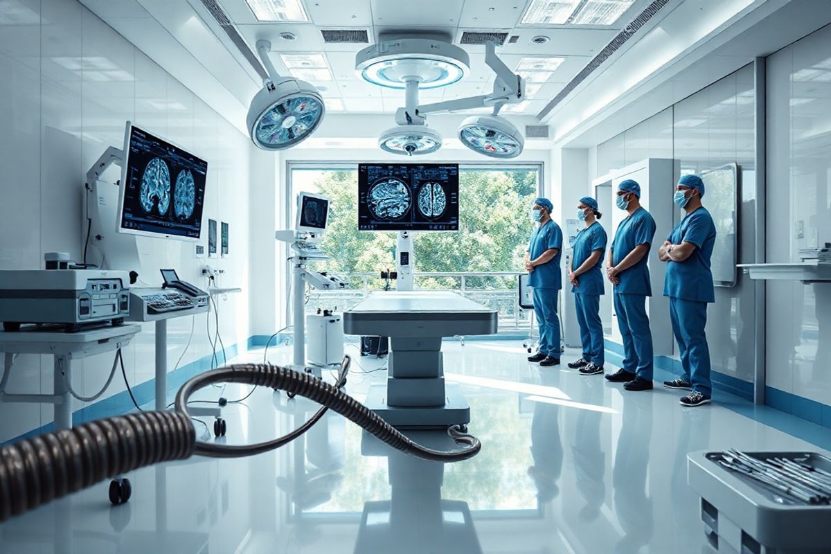 A photorealistic image of a modern neurosurgery operating room, showcasing cutting-edge technology and equipment. The room is brightly lit, with high ceilings and sterile white walls. In the center, a sleek surgical table is surrounded by an array of advanced medical devices, including a high-definition monitor displaying brain scans. An endoscope, elegantly coiled and ready for use, is positioned near the surgical table, reflecting the soft lights above. To the side, a large window reveals a serene view of a hospital garden, adding a touch of calm to the clinical environment. The floor is polished and clean, with a subtle hint of blue in the tiles, enhancing the sense of professionalism. Surgical instruments glisten in their organized trays, while a team of masked surgeons in scrubs is seen in the background, preparing for a procedure, exuding focus and determination. The overall atmosphere is one of innovation and precision, capturing the essence of neuroendoscopy as a revolutionary approach to brain surgery.