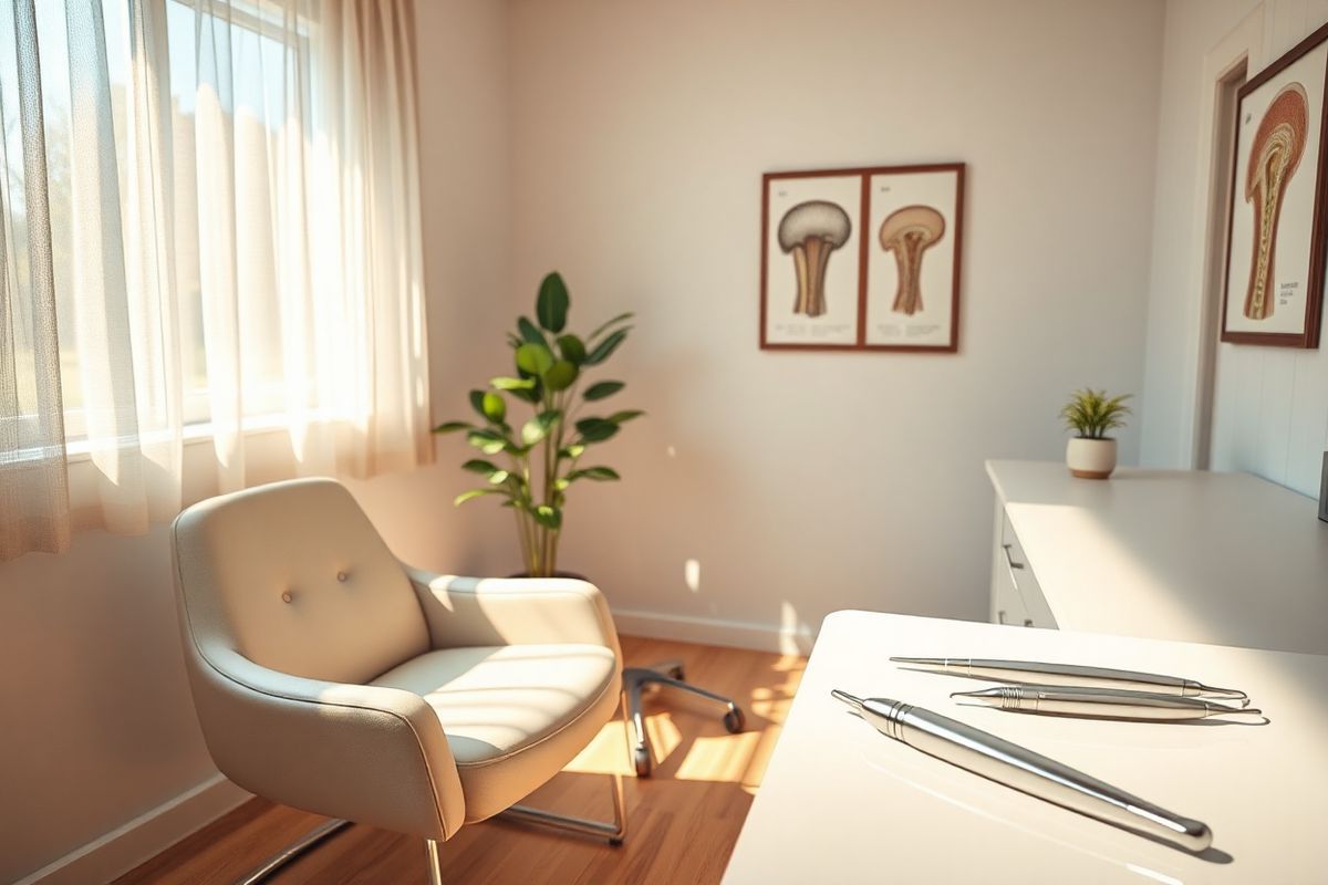 A serene, photorealistic image captures a dermatologist’s office designed for comfort and professionalism. The scene features a cozy, well-lit examination room, with a plush, modern chair positioned at the center, inviting patients to sit comfortably. Soft, natural light pours through a window adorned with sheer curtains, casting gentle shadows on the light-colored walls. On a nearby counter, an array of sterilized medical instruments is neatly arranged, including the small punch tool used for scalp biopsies, gleaming under the warm illumination.   In the background, framed anatomical illustrations of the human scalp and hair follicles are mounted on the walls, enhancing the educational atmosphere. A potted plant adds a touch of greenery, symbolizing healing and tranquility. The flooring is a light wood, contributing to an overall sense of warmth and calm. The image evokes a feeling of reassurance, showcasing a space where patients can feel at ease during their scalp biopsy procedure, emphasizing the care and professionalism they can expect from their dermatologist.