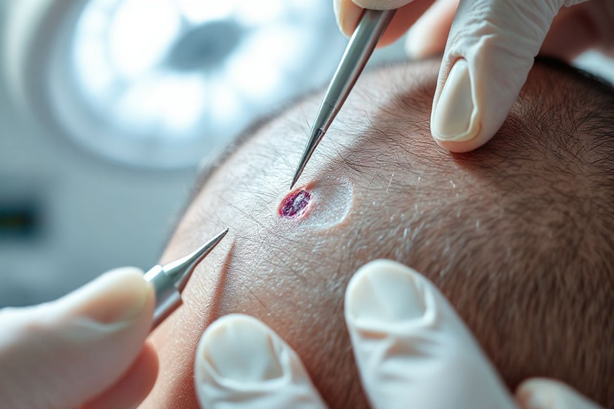 A close-up view of a scalp under a bright, clinical light showcases a small section of skin being gently examined by a dermatologist. The image captures the intricate details of the scalp, including fine hairs and the texture of the skin, emphasizing the areas where a biopsy has been performed. Surrounding the biopsy site are surgical tools, including a small punch tool and sterile gauze, conveying the precision of the procedure. The background is softly blurred to focus on the scalp, with hints of medical equipment subtly visible, maintaining a sterile environment. The lighting is bright yet soft, creating a clean and professional atmosphere. The color palette includes soft whites and light blues, evoking a sense of calm and cleanliness, while the texture of the scalp is rendered in high detail, highlighting its natural color variations and contours. This photorealistic image effectively conveys the seriousness of a scalp biopsy while instilling a sense of trust and professionalism in the medical process.