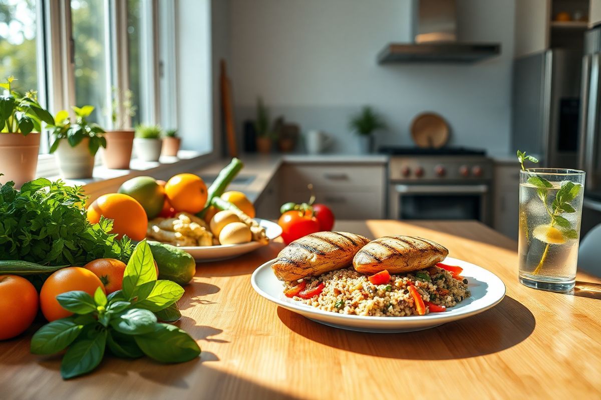 A photorealistic image depicts a serene kitchen setting filled with natural light filtering through large windows. In the foreground, a beautifully arranged wooden table is set with an array of fresh, colorful fruits and vegetables—vibrant oranges, rich greens, and deep reds—each glistening as if just washed. A sleek plate holds a carefully plated dish of grilled chicken with a side of quinoa and a medley of sautéed vegetables, showcasing a healthy, balanced meal.   In the background, a modern kitchen with stainless steel appliances and a neutral color palette adds a touch of elegance. Potted herbs like basil and rosemary sit on the windowsill, emphasizing the theme of wholesome cooking. A glass of water infused with lemon and mint rests nearby, symbolizing hydration and healthy choices. Soft shadows cast by the sunlight create a warm and inviting atmosphere, perfectly capturing the essence of a lifestyle focused on healthy eating and weight management. The overall composition conveys a sense of tranquility and vitality, aligning beautifully with themes of wellness and the transformative journey of individuals on their health paths.