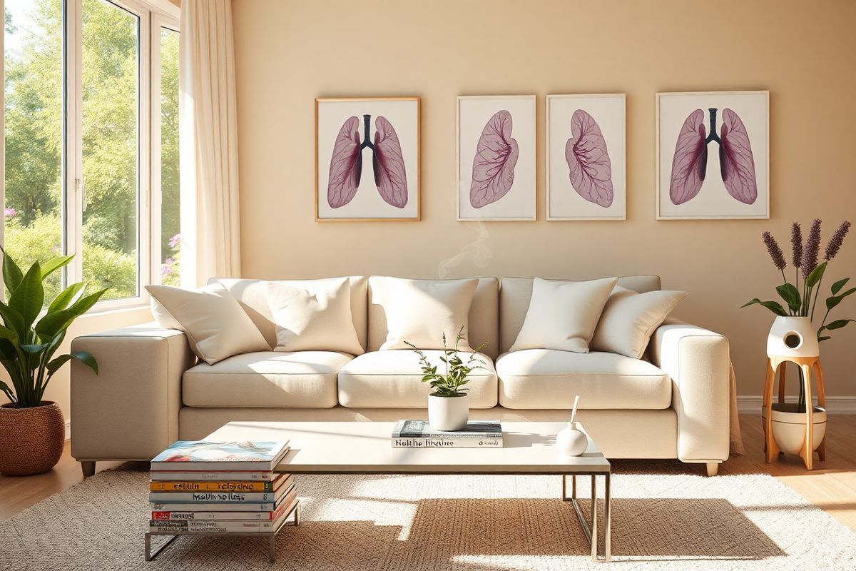 A photorealistic image depicting a serene and tranquil living room setting bathed in warm, natural light. The focal point is a comfortable, modern sofa adorned with soft, pastel-colored cushions. A sleek coffee table sits in front of the sofa, topped with a neatly arranged stack of health and wellness magazines, alongside a small potted plant that adds a touch of greenery. In the background, a large window reveals a lush, sunlit garden, with vibrant flowers and trees swaying gently in the breeze. The walls are painted in soft beige tones, and framed art pieces depicting abstract representations of lung health and vitality hang gracefully. A cozy area rug underfoot adds texture and warmth, while a subtle aroma diffuser emits wisps of calming lavender mist. The overall ambiance of the room conveys a sense of peace and well-being, inviting viewers to imagine a life with improved health and enhanced quality of life, reflecting the benefits associated with effective asthma management through Tezspire.