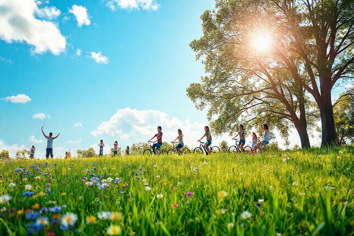 A photorealistic decorative image depicting a serene and inviting outdoor scene that symbolizes respiratory health and well-being. In the foreground, lush green grass is dotted with vibrant wildflowers in shades of blue, yellow, and white, suggesting a peaceful natural environment. In the background, a clear blue sky stretches overhead, with soft, fluffy white clouds gently drifting by. A warm, golden sunlight filters through the leaves of tall, healthy trees, casting dappled shadows on the ground.   The scene features a group of diverse individuals—men, women, and children—engaged in various activities: some are practicing yoga, others are riding bicycles, and a few are enjoying a picnic on a colorful blanket. Their expressions reflect joy and relief, illustrating a life free of asthma symptoms. The air appears fresh and invigorating, with hints of a gentle breeze that rustles the leaves, symbolizing breath and vitality. This idyllic setting captures the essence of improved quality of life and the transformative impact of effective asthma treatment, making it a perfect visual representation of the benefits of Tezspire.