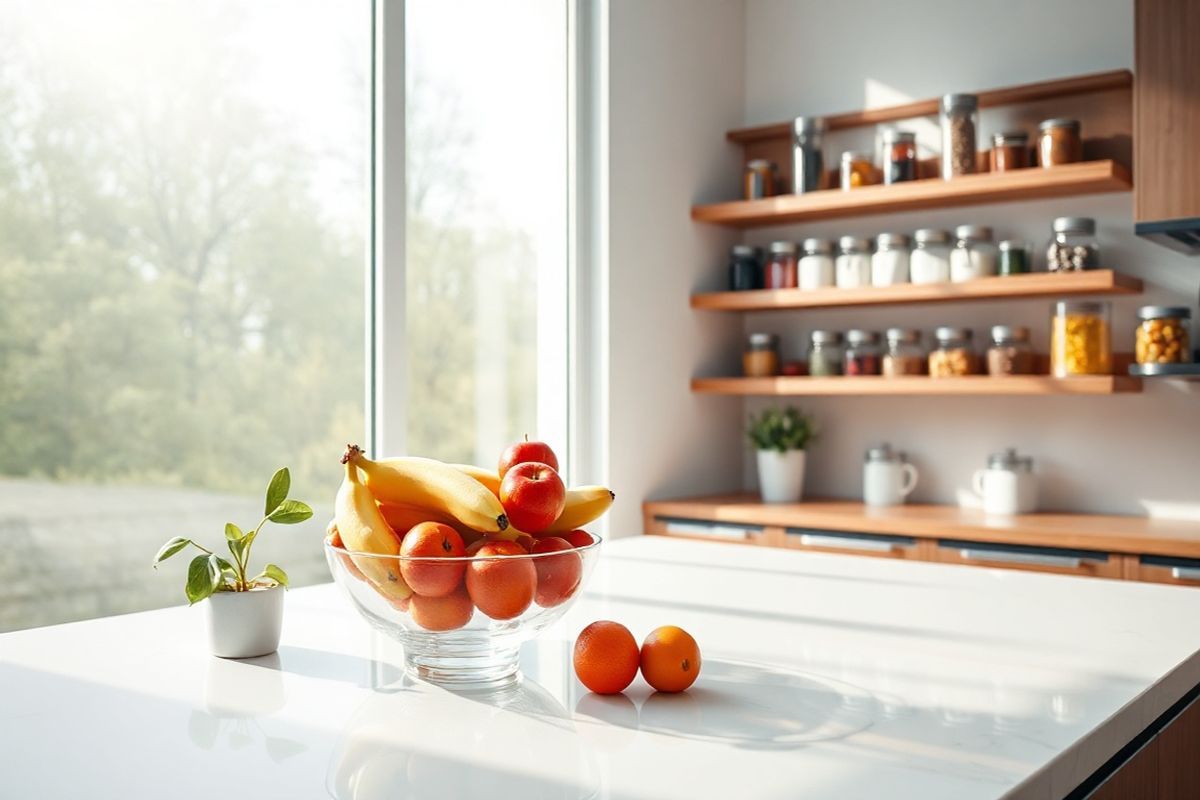 A photorealistic image depicting a serene and calming scene of a modern kitchen countertop. The countertop is made of sleek white marble, reflecting the soft morning light streaming in through a large window. On the countertop, there is a stylish glass bowl filled with fresh, colorful fruits such as vibrant red apples, ripe bananas, and juicy oranges, symbolizing health and vitality. Nearby, a small potted plant with lush green leaves adds a touch of nature to the space, enhancing the feeling of tranquility. In the background, there are elegant wooden shelves displaying neatly arranged glass jars filled with various spices and herbs, promoting a sense of organization and wellness. The overall color palette features soft whites and earthy tones, creating an inviting atmosphere that conveys a sense of balance and harmony, perfect for a space where health-conscious decisions are made, aligning with the theme of heart failure management and medication adherence.