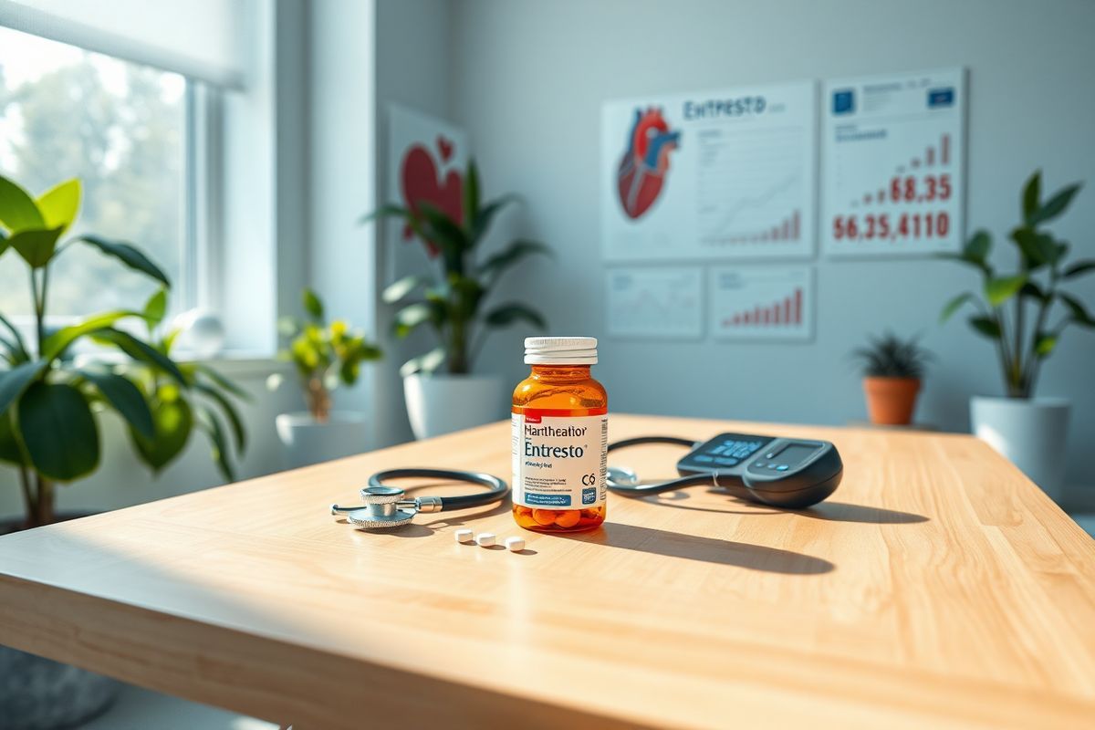 A photorealistic image of a serene and modern healthcare setting, featuring a sleek wooden table in a well-lit doctor’s office. On the table, there is a prescription bottle of Entresto, partially opened, with a few tablets spilling out. Surrounding the bottle are a stethoscope and a blood pressure monitor, symbolizing heart health and patient care. In the background, a large window allows natural light to flood the room, illuminating potted plants that add a touch of greenery and warmth. A wall-mounted chart depicting the anatomy of the heart can be seen, along with a digital tablet displaying health statistics. The overall atmosphere is calm and inviting, with a soft color palette of blues and whites, emphasizing a sense of trust and professionalism in the management of heart failure.