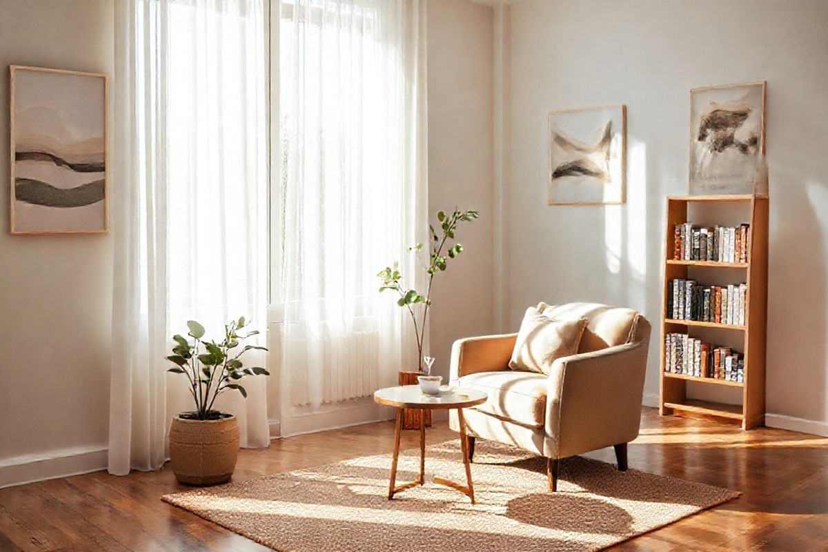 A serene therapy room, softly illuminated by natural light streaming through large windows adorned with sheer white curtains, creates a calming atmosphere. The focal point is a plush, inviting armchair in a warm beige tone, positioned next to a small round table that holds a steaming cup of herbal tea. On the walls, subtle artwork depicting abstract shapes and calming landscapes adds an artistic touch, enhancing the room’s tranquil vibe. A potted plant with lush green leaves sits in one corner, bringing a sense of nature indoors. The wooden floor is complemented by a cozy, textured rug in soft earth tones, inviting clients to feel at home. In the background, a small bookshelf filled with psychology books and journals reflects the essence of personal growth and self-awareness. The overall composition emanates warmth and safety, embodying the core principles of Gestalt therapy by emphasizing wholeness, awareness, and the importance of the present moment. The image should evoke feelings of peace, openness, and the possibility of transformation, making it an ideal visual representation of a holistic therapeutic space.