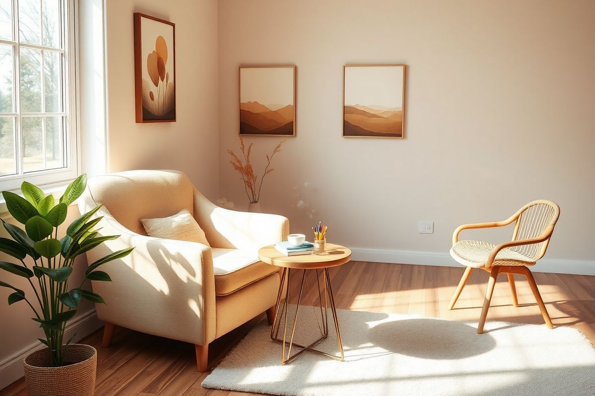 A serene and inviting therapy room featuring a comfortable, plush armchair in warm earthy tones, positioned next to a large window that allows soft, natural light to flood the space. The walls are adorned with calming artwork depicting abstract forms and gentle landscapes, promoting a sense of tranquility. A small, round table beside the chair holds a steaming cup of herbal tea and a stack of colorful notebooks and pens, suggesting an atmosphere of reflection and creativity. In one corner, a floor plant with lush green leaves adds a touch of nature, emphasizing the integration of mind, body, and emotions. The wooden floor is complemented by a soft, textured rug that invites clients to feel at ease. Nearby, an empty chair symbolizes open dialogue and exploration, inviting a sense of curiosity and engagement. The overall palette of soft pastels and natural hues creates a harmonious environment, evoking feelings of safety, warmth, and self-discovery, perfect for the practice of Gestalt therapy.