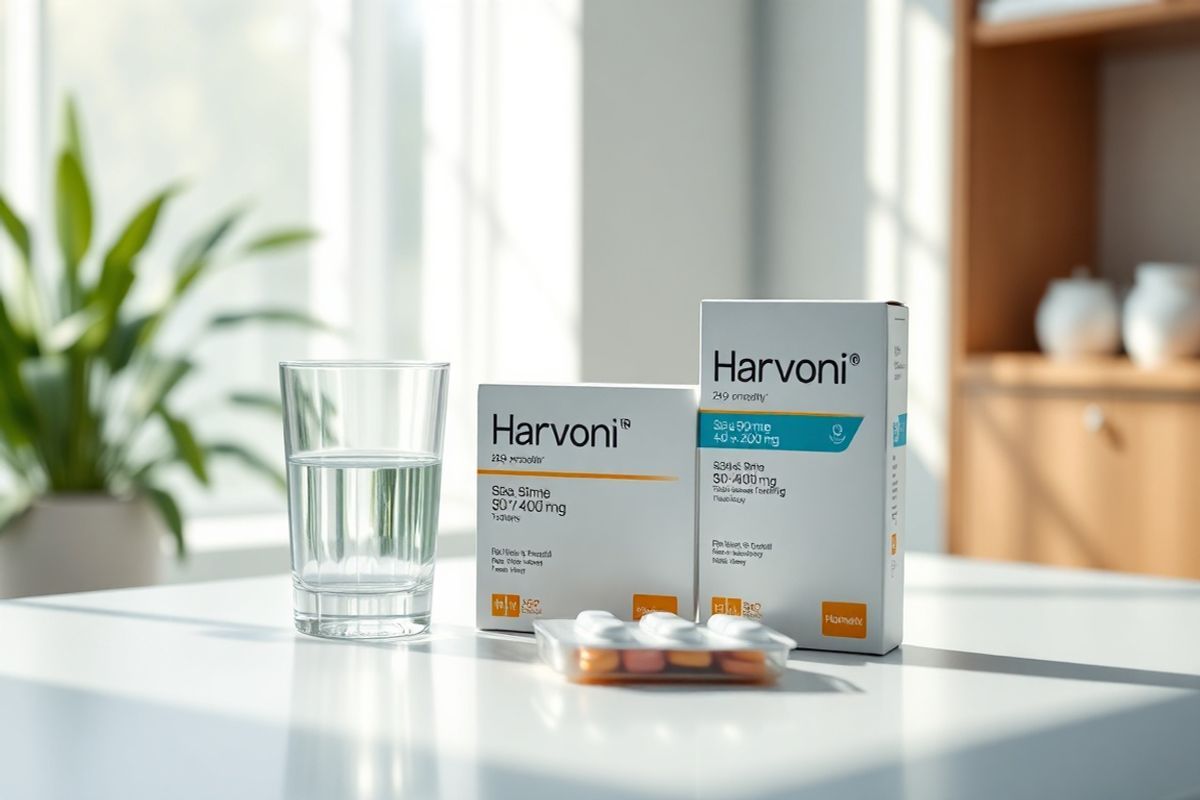 A photorealistic image of a serene medical setting featuring a beautifully arranged table with two distinct Harvoni tablet packs displayed prominently. The background showcases a softly blurred, well-lit clinical environment with hints of green plants and a calming color palette that evokes a sense of healing and tranquility. One pack is clearly labeled with the Harvoni 90 mg/400 mg formulation, exhibiting a sleek, modern design, while the other displays the Harvoni 45 mg/200 mg pack, designed for pediatric patients. In the foreground, a glass of water sits beside a small, neatly organized pill organizer, reflecting a commitment to health and adherence to medication. Soft sunlight filters through a nearby window, casting gentle shadows and highlighting the textures of the packaging and the smooth surface of the table. The overall composition conveys a message of hope and healing, perfectly complementing the theme of effective hepatitis C treatment and patient care.