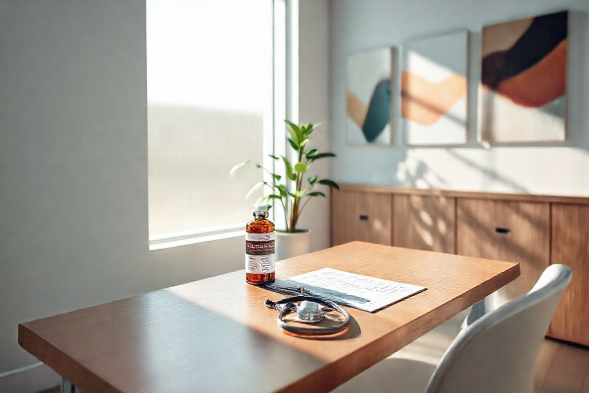 A photorealistic image depicting a serene, modern healthcare setting focused on the theme of hepatitis C treatment. The scene features a well-lit, minimalist doctor’s office with a sleek wooden desk and a comfortable examination chair. On the desk, an open prescription pad and a bottle of Harvoni prominently displayed, showcasing its distinct packaging. In the background, a large window allows natural light to filter in, illuminating a potted plant that adds a touch of greenery, symbolizing health and recovery. The walls are adorned with abstract art pieces in calming colors, evoking a sense of hope and tranquility. A stethoscope rests casually on the desk, signifying the medical expertise present in this environment. Soft shadows play across the room, creating a warm and inviting atmosphere that encourages patients to feel at ease during their treatment journey. The overall composition conveys a message of innovation, healing, and the effective management of hepatitis C through advanced therapies like Harvoni.