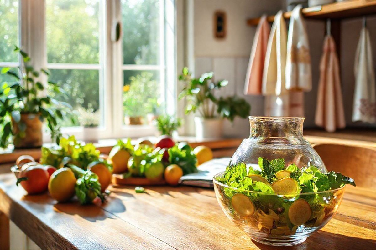 A photorealistic image features a serene kitchen setting bathed in warm, natural light. In the foreground, a wooden dining table is elegantly set with a colorful array of fresh fruits and vegetables, emphasizing a balanced diet. A bowl of vibrant green salad, glistening with a light dressing, sits next to a pitcher of infused water filled with lemon slices and mint leaves, symbolizing hydration. In the background, a neatly arranged spice rack and a cookbook open to a page on healthy recipes add a touch of culinary inspiration. Soft, decorative kitchen towels in pastel colors hang from a nearby rack, enhancing the inviting atmosphere. The entire scene is framed by a window showcasing a lush garden outside, allowing glimpses of greenery and sunlight that evoke a sense of tranquility and health, perfectly aligning with the best practices for taking Ibsrela as described in the text.