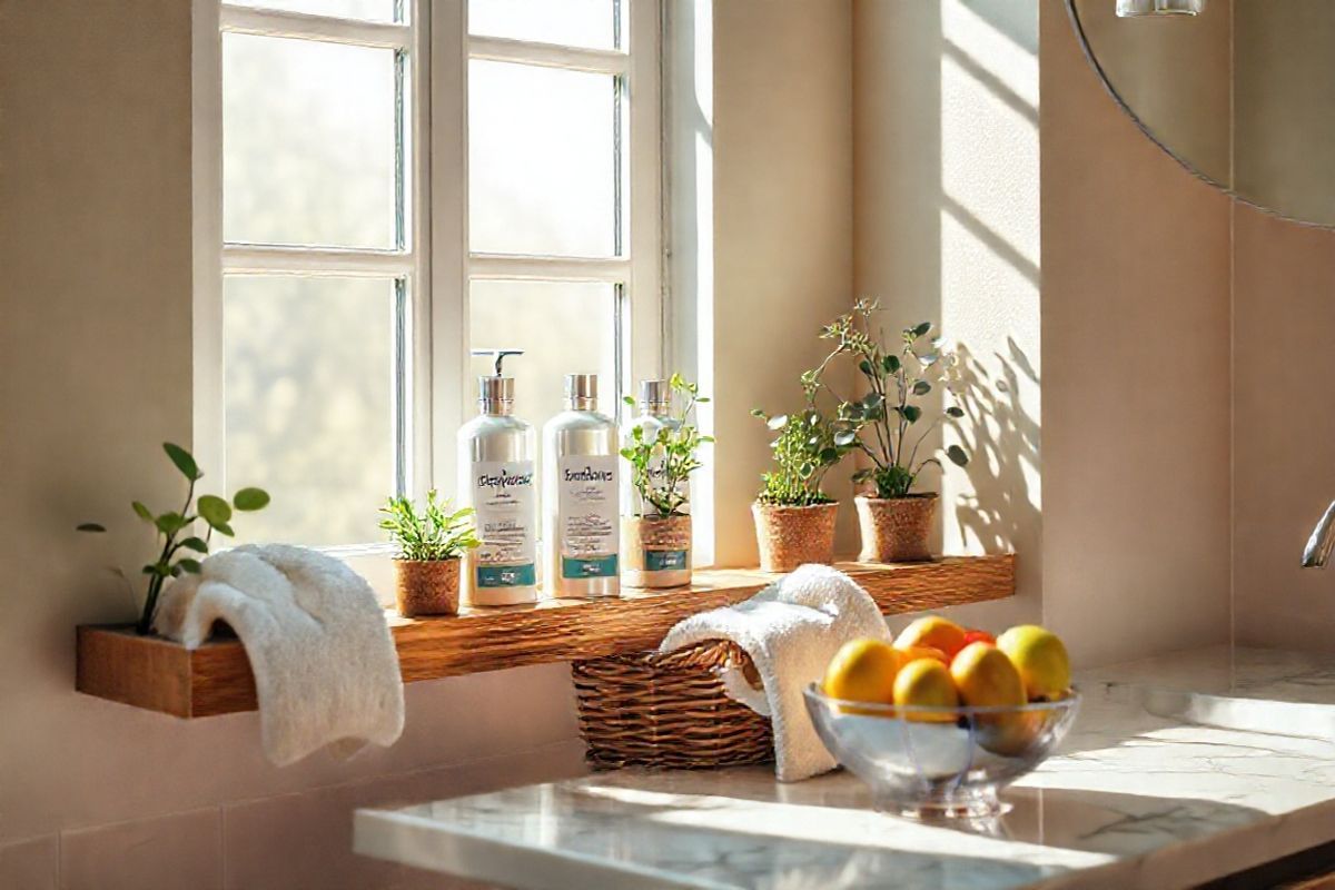 A photorealistic image depicts a serene bathroom setting that evokes a sense of calm and healing. The focal point is a wooden shelf adorned with neatly arranged bottles of Ibsrela, their sleek, modern packaging glistening under soft, natural light. Surrounding the bottles are delicate green plants in rustic pots, adding a touch of nature and freshness to the scene. A soft, fluffy white towel is casually draped over a nearby wicker basket, emphasizing comfort and relaxation. In the background, a large window allows gentle sunlight to filter in, casting warm, inviting shadows across the room. The walls are painted in soothing pastel colors, enhancing the tranquil atmosphere. A small, stylish bowl filled with fresh fruits sits on a marble countertop, suggesting a healthy lifestyle. The overall composition conveys a sense of balance, wellness, and the promise of relief from discomfort, inviting viewers to envision a peaceful moment of self-care in their own lives.