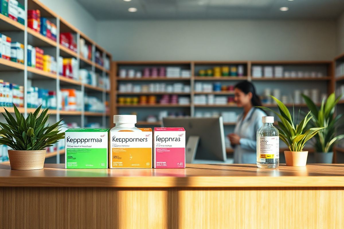 A serene and inviting pharmacy interior is depicted, showcasing neatly arranged shelves filled with various medications, including colorful boxes of tablets and liquids. The focal point is a well-lit display featuring Keppra in its different forms—tablets of varying strengths (250 mg, 500 mg, 750 mg, and 1000 mg) alongside a clear bottle of the 100 mg/mL oral solution. Soft, warm lighting casts a gentle glow on the products, enhancing their vibrant colors. A wooden counter with a sleek computer terminal is positioned in the foreground, where a friendly pharmacist is engaged in conversation with a patient. The background features subtle potted plants that add a touch of nature and tranquility to the environment. The overall ambiance is clean, organized, and professional, evoking a sense of trust and care in the healthcare setting, while inviting viewers to explore the options available for managing epilepsy with Levetiracetam.