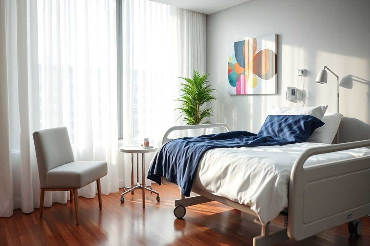 A photorealistic image depicting a serene and inviting setting in a modern healthcare environment. The scene features a cozy patient room bathed in soft, natural light filtering through large windows adorned with sheer white curtains. In the foreground, a neatly made hospital bed with crisp white linens and a plush navy blue blanket invites comfort and rest. A small bedside table holds a glass of water and a pill organizer, symbolizing medication management.   On the wall, a colorful abstract painting adds a touch of warmth and creativity, while a potted plant in the corner brings a sense of life and tranquility to the space. The floor is polished wood, enhancing the clean and organized feel of the room. A comfortable chair sits beside the bed, positioned for easy conversation between patients and healthcare providers. The overall atmosphere is calm and reassuring, embodying the essence of effective medical care and the importance of a supportive environment for those managing epilepsy with medication like Keppra.