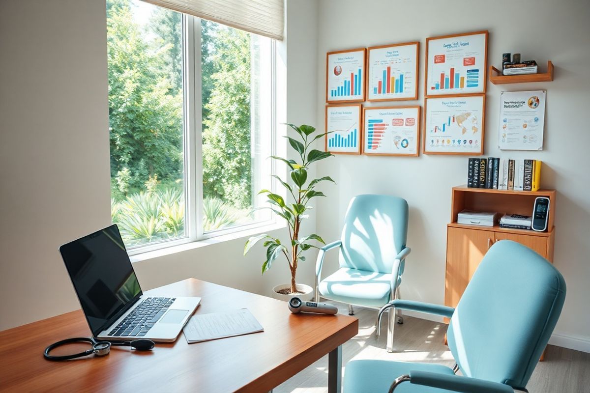 A serene and inviting medical examination room bathed in soft, natural light, showcasing a sleek, modern design. In the foreground, a polished wooden desk is neatly organized with a stethoscope, a laptop, and an open notebook filled with notes about diabetes management. To the side, a comfortable examination chair upholstered in light blue fabric invites patients to sit. Behind it, a large window reveals a view of a lush green garden, symbolizing health and wellness. On the wall, various framed charts depicting blood test results, glucose levels, and healthy lifestyle infographics are tastefully arranged. A potted plant adds a touch of life to the space, while a small shelf holds medical reference books and a digital blood glucose monitor. The atmosphere is calm and professional, emphasizing the importance of regular health monitoring for individuals using Ozempic in their diabetes management journey. The overall color palette features soft blues, greens, and warm neutrals, creating a peaceful environment that encourages patients to engage in their health and well-being.