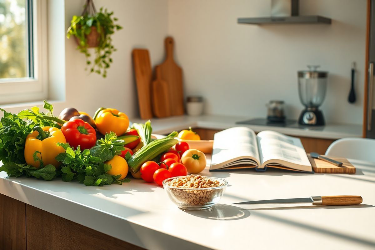 A photorealistic image depicting a serene kitchen setting bathed in warm, natural light. The focal point is a sleek, modern countertop adorned with a variety of fresh, colorful vegetables and fruits, such as vibrant bell peppers, leafy greens, and plump tomatoes, symbolizing a healthy diet. Beside them, a small, elegant glass dish holds a carefully measured portion of whole grains, like quinoa or brown rice. In the background, an open cookbook with beautiful, inviting recipes sits on a wooden table, hinting at the importance of nutritious meal preparation. A stylish cutting board with a sharp knife rests nearby, ready for meal prep. On the wall, a hanging herb garden adds a touch of greenery, while subtle kitchen appliances, like a blender and a scale, suggest a commitment to health and wellness. The overall atmosphere is clean, organized, and inviting, conveying a sense of tranquility and motivation for healthy living, perfectly complementing the themes of diabetes management and lifestyle changes associated with using Ozempic.