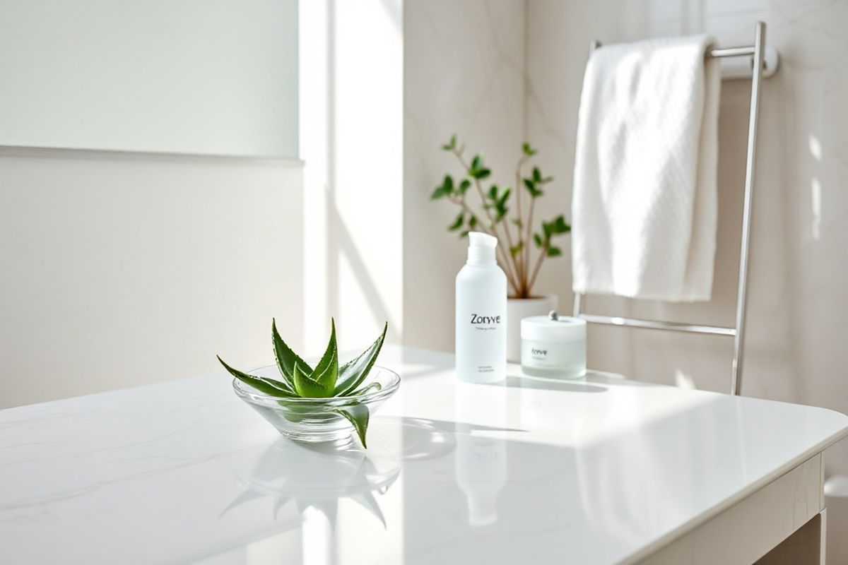 A serene and inviting bathroom scene featuring a sleek, modern countertop made of polished white marble. On the countertop, a small, elegant glass dish holds a delicate arrangement of fresh green aloe vera leaves, symbolizing natural skincare. Next to it, a stylish bottle of Zoryve cream with a minimalist design sits alongside a frosted glass jar of Zoryve foam, both artfully placed to enhance the aesthetic of the space. The background showcases a soft, neutral-colored wall with subtle textures, while a softly lit window allows natural light to filter in, casting gentle shadows. A plush, white towel drapes casually over a nearby rack, and a small potted plant adds a touch of greenery, creating a calm and rejuvenating atmosphere. The overall composition exudes a sense of cleanliness and tranquility, inviting viewers to envision a daily skincare routine that incorporates Zoryve, emphasizing the importance of self-care and consistency in achieving healthy skin.