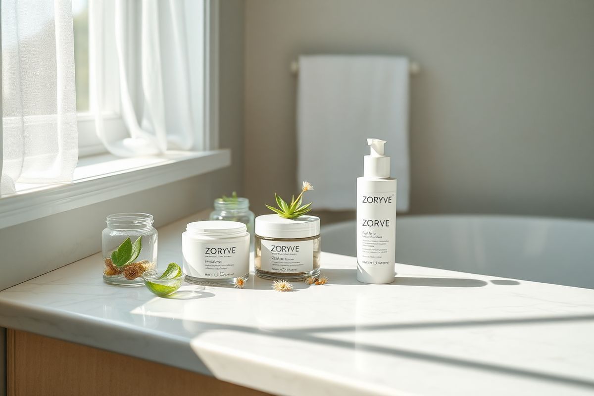 A serene and inviting bathroom scene featuring a beautifully arranged countertop with Zoryve products prominently displayed. The countertop is made of smooth, white marble that reflects soft, natural light coming from a nearby window adorned with sheer curtains. Beside the Zoryve cream and foam, there are elegant, minimalistic glass jars filled with natural skincare ingredients like aloe vera and chamomile flowers, emphasizing a holistic approach to skincare. A small plant, possibly a succulent, adds a touch of greenery, symbolizing health and vitality. In the background, a plush white bath towel is neatly folded, and a delicate, textured bath mat lies on the floor, enhancing the calm ambiance. The overall color palette is soft and neutral, with hints of green and blue, creating a tranquil atmosphere that invites relaxation and self-care. The composition focuses on the idea of nurturing one’s skin and well-being, making it an ideal visual representation for the therapeutic benefits of Zoryve.