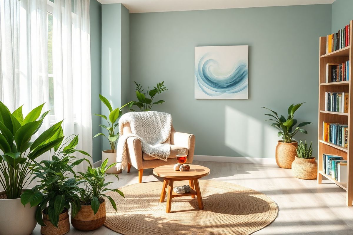 A serene and inviting therapy room bathed in soft, natural light filters through large windows adorned with sheer white curtains. The walls are painted in calming shades of soft blue and sage green, promoting tranquility. In the center, a plush, comfortable armchair with a textured throw blanket invites relaxation. Surrounding the chair, a variety of indoor plants with vibrant green leaves add a touch of life and warmth to the space. A small wooden coffee table holds a steaming cup of herbal tea, surrounded by a few inspirational stones and a delicate crystal. On one side, a bookshelf filled with colorful books on psychology and self-help offers a sense of wisdom and exploration. The floor is covered in a natural jute rug, adding a cozy element to the room. In the background, a subtle abstract painting hangs on the wall, featuring gentle swirls of blues and greens, symbolizing the inner journey of self-discovery and balance. The overall atmosphere is one of safety, acceptance, and nurturing, perfectly embodying the principles of IFS therapy and inviting individuals to embark on their path to self-leadership and healing.