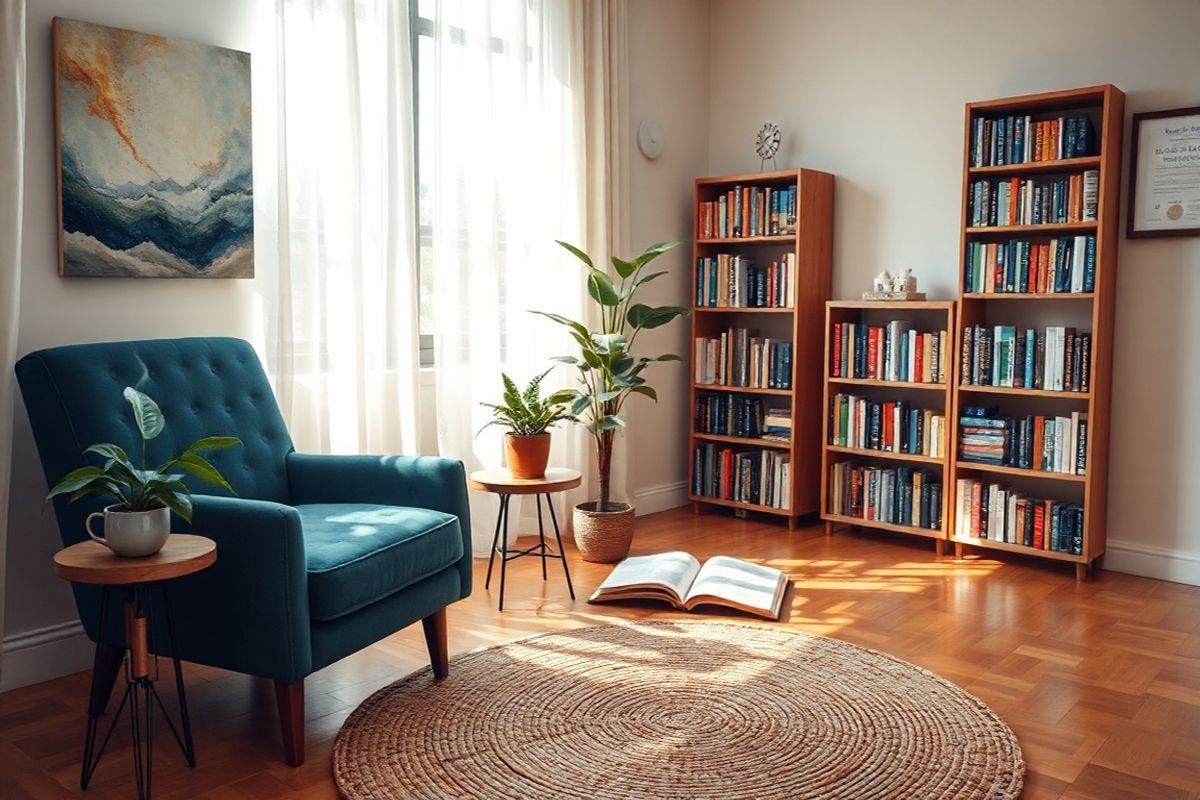 A serene and inviting therapy room with warm, soft lighting creates a calming atmosphere. The room features a plush, comfortable armchair in a rich, deep blue fabric, positioned beside a small wooden side table adorned with a steaming cup of herbal tea and a journal with an open page, inviting reflection. A potted plant with lush green leaves sits in the corner, bringing a touch of nature indoors. The walls are painted in a soft, neutral hue, adorned with abstract art that evokes feelings of balance and harmony. A large window allows natural light to filter through sheer curtains, casting gentle shadows on a woven area rug that adds warmth to the hardwood floor. In the background, a bookshelf filled with various psychology and self-help books and a framed certificate of achievement on the wall subtly indicate the space’s focus on personal growth and healing. The overall composition exudes tranquility and safety, inviting individuals to explore their inner selves and engage in meaningful therapeutic work.