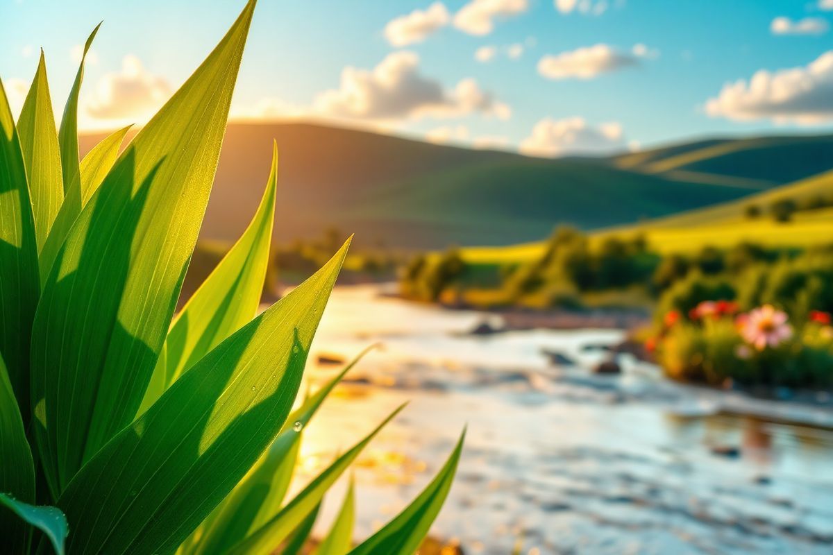 A photorealistic decorative image features a vibrant and serene landscape that conveys the themes of health and resilience. In the foreground, a close-up of healthy, lush green leaves glistens with morning dew, symbolizing vitality and life. Behind them, a gently flowing river reflects the soft hues of a sunrise, casting warm oranges and yellows across the water’s surface. On one side of the riverbank, a cluster of colorful wildflowers blooms, representing diversity and the various backgrounds of individuals affected by sickle cell anemia. In the distance, rolling hills are painted in deep greens, while a clear blue sky stretches above, dotted with fluffy white clouds, evoking a sense of hope and tranquility. Subtle hints of red and gold can be seen in the landscape, mirroring the color of blood and the journey of those living with sickle cell disease. This harmonious scene encapsulates the beauty of life and the strength found in community, making it a fitting visual companion to the themes of sickle cell anemia and resilience discussed in the accompanying text.