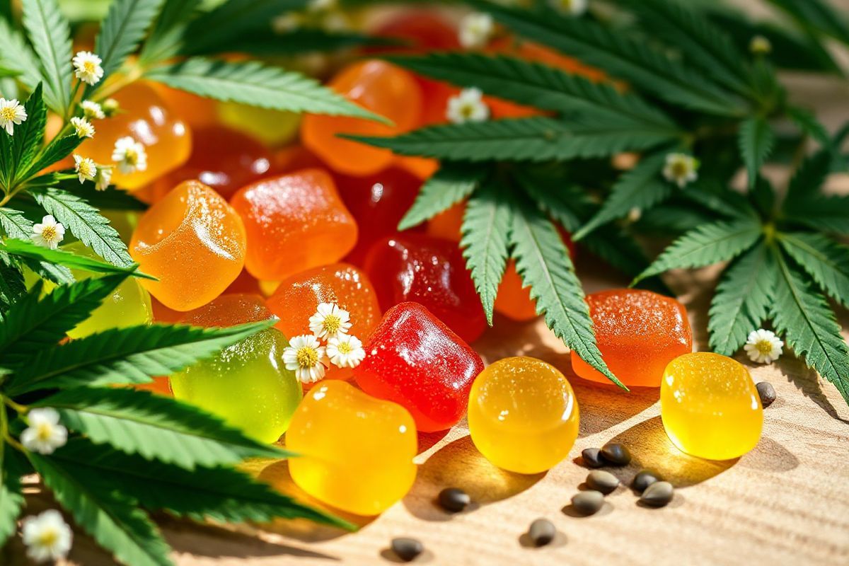 A close-up view of a beautifully arranged assortment of colorful CBD gummies, showcasing various shapes and flavors. The gummies are glistening under soft, natural light, highlighting their vibrant hues of green, orange, red, and yellow. Surrounding the gummies are fresh cannabis leaves and small white flowers, creating a serene and organic atmosphere. The background features a wooden surface with a subtle grain texture, enhancing the rustic charm of the scene. Delicate shadows cast by the gummies add depth and dimension, while a few scattered hemp seeds subtly complement the composition, emphasizing the natural and health-focused theme of CBD. The overall aesthetic is inviting and appetizing, appealing to those interested in the therapeutic benefits of CBD.