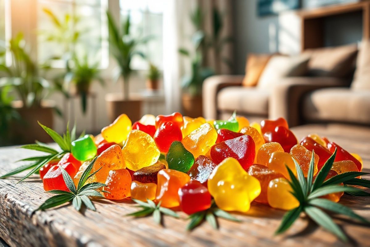 A beautifully arranged assortment of colorful CBD gummies lies on a rustic wooden table, bathed in warm, natural light that enhances their vibrant hues. The gummies are shaped like cheerful bears, fruit slices, and whimsical shapes, showcasing a rainbow of colors including bright reds, deep greens, sunny yellows, and soft oranges. Surrounding the gummies are delicate green hemp leaves, subtly hinting at their natural origins. In the background, a softly blurred image of a cozy living room with plants and soft furnishings creates a calming atmosphere. The focus on the gummies and the gentle play of light and shadow highlights their glossy texture, making them look irresistible and inviting. The overall composition radiates a sense of wellness and relaxation, perfectly embodying the therapeutic benefits of CBD gummies, enticing viewers to explore their potential.