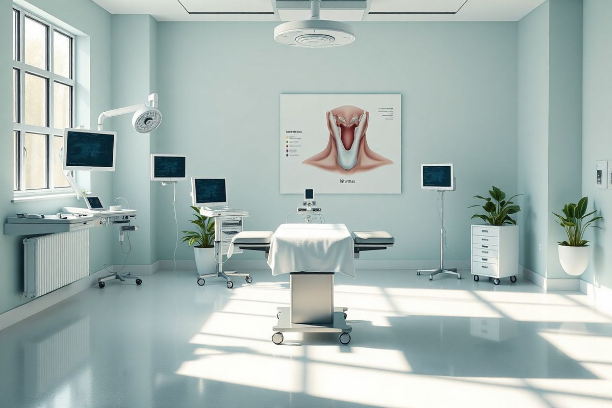 A serene, photorealistic image of a tranquil surgical room set in soft, natural lighting. The focus is on a sleek, modern operating table at the center, draped in pristine white linens. Surrounding the table are advanced medical instruments and monitors, subtly reflecting the high-tech nature of contemporary surgery. On one side, a window lets in gentle sunlight, casting soft shadows across the floor, which is polished and sterile. In the background, a large anatomical poster of the human thyroid gland is displayed on the wall, highlighting the isthmus. The colors are calming, with light blues and greens predominating, evoking a sense of cleanliness and professionalism. A few potted plants add a touch of life to the space, symbolizing healing and recovery. The overall atmosphere is one of reassurance and hope, emphasizing the importance of surgical interventions like isthmusectomy for thyroid health. This image captures the balance between medical precision and the nurturing environment essential for patient care, making it a perfect visual complement to the topic of isthmusectomy and its benefits.