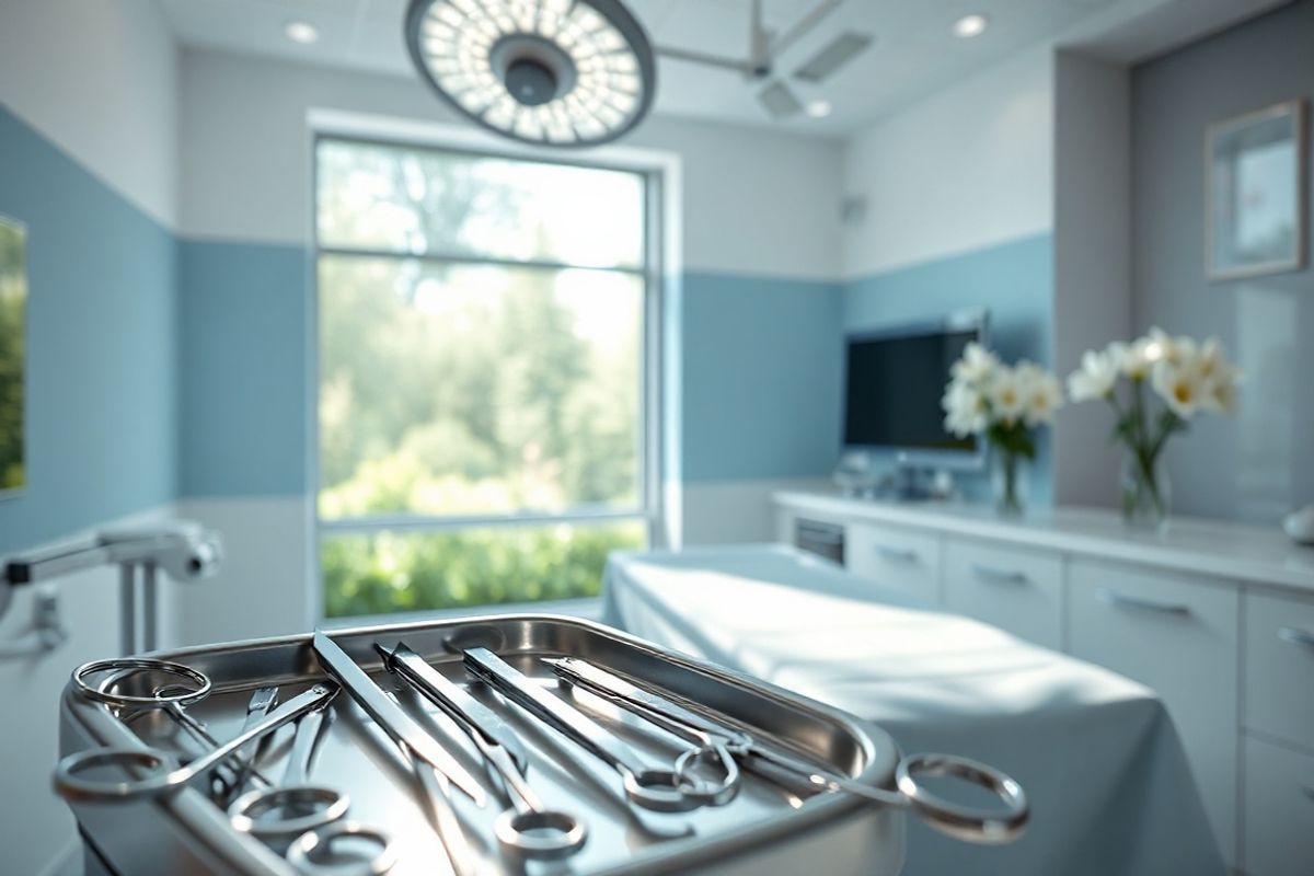 A photorealistic image captures a serene medical setting, featuring a softly lit operating room with sleek, modern surgical equipment. In the foreground, a delicate surgical instrument tray gleams under the bright overhead lights, showcasing meticulously arranged tools such as scalpels, forceps, and scissors, all reflecting a sense of precision and care. In the background, a large window reveals a peaceful garden, bringing natural light into the sterile environment and creating a contrast between the clinical and the tranquil. The walls are painted in calming shades of pale blue and white, enhancing the atmosphere of healing. On an adjacent counter, a small vase holds fresh white lilies, symbolizing purity and renewal. The surgical bed, neatly prepared with clean linens, is positioned centrally, illustrating readiness for the isthmusectomy procedure. This image conveys a sense of professionalism and compassion, inviting viewers to feel reassured about the surgical process and emphasizing the importance of careful, specialized medical intervention in thyroid health.