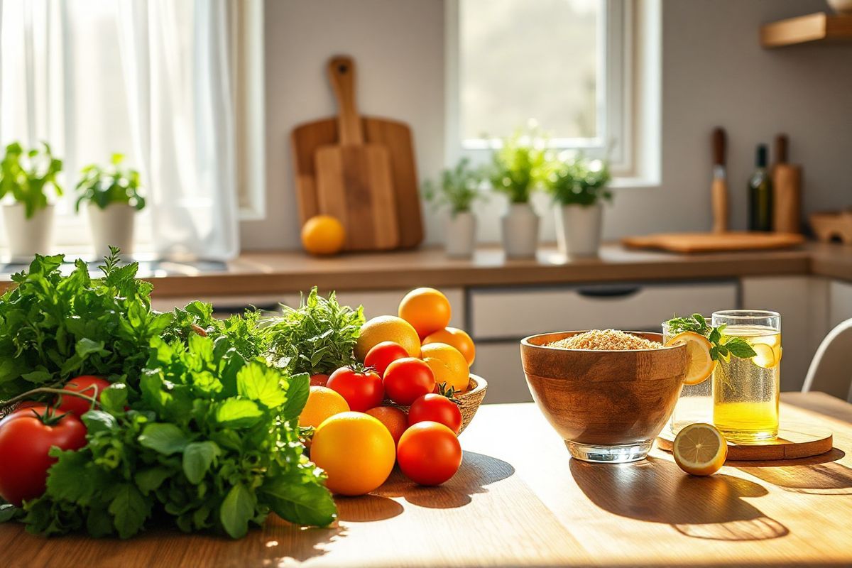 A photorealistic image depicts a serene kitchen scene bathed in warm, natural light. In the foreground, a wooden table is elegantly set with a colorful array of fresh fruits and vegetables, including vibrant red tomatoes, leafy greens, and a bowl of bright citrus fruits. A rustic bowl of quinoa and a glass of infused water with slices of lemon and mint are also present, emphasizing healthy dietary choices. In the background, a well-organized kitchen counter showcases essential cooking tools, such as a wooden cutting board, a chef’s knife, and an olive oil bottle. Sunlight streams through a window adorned with sheer white curtains, casting gentle shadows and creating a cozy atmosphere. Potted herbs, like basil and rosemary, are placed on the windowsill, adding a touch of greenery and freshness to the scene. The overall composition conveys a sense of health, vitality, and the importance of nutritious food choices in managing nonalcoholic steatohepatitis (NASH), inviting viewers to embrace a lifestyle centered around wholesome eating and well-being.