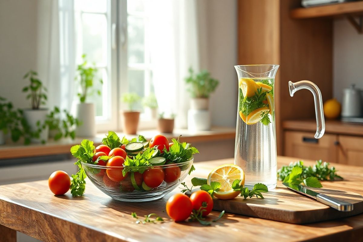 A photorealistic decorative image of a serene, sunlit kitchen featuring an inviting wooden table adorned with a vibrant array of fresh fruits and vegetables, emphasizing a healthy lifestyle. In the background, a window with sheer curtains allows soft natural light to filter in, illuminating a bowl of colorful salad ingredients—ripe tomatoes, crisp cucumbers, and leafy greens. On one side of the table, a sleek glass jug filled with infused water, showcasing slices of lemon and sprigs of mint, reflects the theme of hydration and wellness. A rustic wooden cutting board rests nearby, with a knife and a few scattered herbs, hinting at meal preparation. The kitchen has a warm, homey vibe, with potted herbs on the windowsill, and soft, earthy tones that create a sense of calm and balance. This image captures the essence of healthy eating and lifestyle changes, resonating with the theme of managing nonalcoholic steatohepatitis (NASH) through dietary choices. The overall ambiance is inviting, suggesting a space where one can enjoy nutritious meals and foster well-being.