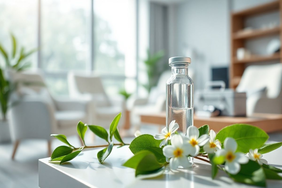 The image features a serene and elegant setting in a modern healthcare environment. In the foreground, a close-up of a sleek, transparent vial of Vyvgart, glistening under soft, diffused lighting, showcases the medication’s delicate nature. Surrounding the vial are fresh green leaves and soft-focus flowers that symbolize health and vitality, creating a calming ambiance. In the background, a state-of-the-art treatment room is subtly blurred, featuring plush chairs and natural light streaming through large windows. A wooden table is adorned with a minimalist medical kit, emphasizing the professional yet comforting atmosphere. The color palette is soft and soothing, with shades of white, pale blue, and gentle greens that evoke feelings of hope and healing. This photorealistic image captures the essence of modern medicine, highlighting the importance of accessibility and care, while reflecting on the complexities of biologic treatments like Vyvgart.