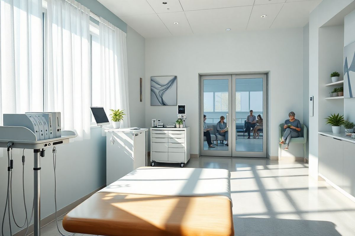 A photorealistic image of a serene and tranquil medical setting, featuring a bright, modern clinic room. The room is softly lit by natural light streaming through large windows adorned with sheer white curtains. In the foreground, a polished wooden examination table is neatly made up with a crisp white sheet, and beside it, a sleek, contemporary medical cart holds various medical supplies. The walls are painted in calming shades of soft blue and white, adorned with subtle abstract art that evokes a sense of peace and healing. On a nearby shelf, there are neatly organized binders and a few potted plants, adding a touch of greenery to the environment. A high-tech infusion pump is positioned next to the examination table, emphasizing the advanced medical technology available. In the background, a glass door leads to a waiting area where patients can be seen sitting comfortably, reading or engaging in quiet conversations. The overall atmosphere conveys a sense of hope and well-being, symbolizing the innovative and supportive environment patients experience while receiving treatments like Vyvgart for their autoimmune disorders.