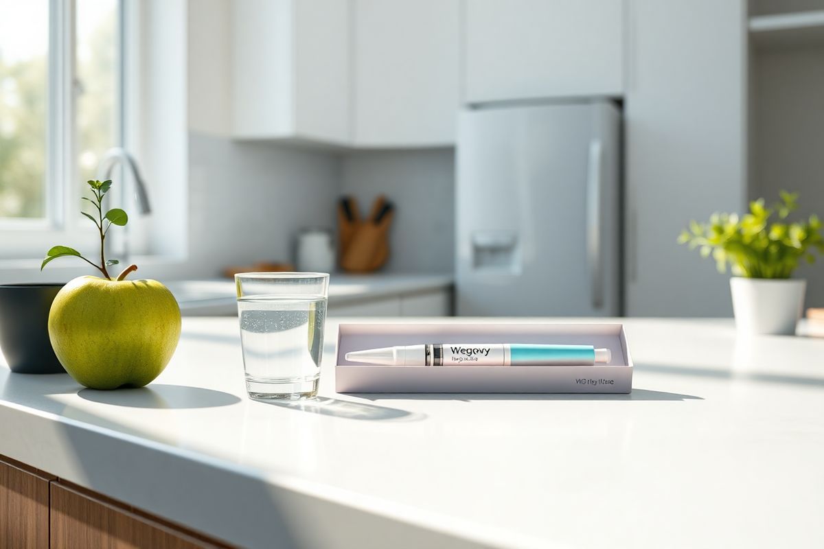 A photorealistic image of a sleek, modern kitchen countertop featuring an open Wegovy injection pen nestled in its protective packaging. The pen, with its elegant design and soft pastel colors, is placed beside a small, clear glass of water and a fresh, green apple, symbolizing health and wellness. The background showcases a bright, airy kitchen with natural light streaming through a window, illuminating the clean lines and minimalist decor. A small refrigerator can be seen in the distance, subtly emphasizing the importance of temperature control for storing Wegovy. The countertop is polished and clutter-free, with a hint of greenery from a potted herb plant, adding a touch of life to the scene. The overall composition conveys a sense of calm and organization, inviting viewers to consider the importance of proper medication storage in their daily routine.