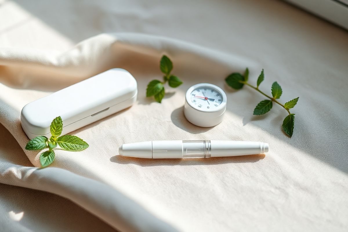 The image features a serene and meticulously arranged flat lay showcasing a Wegovy pen, elegantly placed atop a soft, neutral-toned linen cloth. Surrounding the pen are delicate elements that emphasize its medical significance while maintaining an inviting aesthetic. A sleek, modern white storage container is included, symbolizing proper medication storage, along with a small thermometer indicating ideal temperature ranges. Fresh greenery, such as a sprig of mint or eucalyptus, adds a touch of life and vitality, subtly hinting at health and wellness. The background is softly blurred to focus the viewer’s attention on the Wegovy pen and its accessories, enhancing the feeling of cleanliness and safety. Natural light filters in from the side, casting gentle shadows and highlighting the smooth, sleek design of the pen, while a faint reflection on the surface adds depth. This composition conveys a sense of careful consideration and responsibility in medication management, perfectly aligning with the importance of proper Wegovy storage and usage.