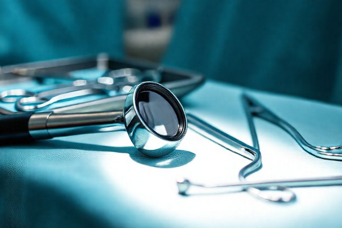 A close-up, photorealistic image of a laryngoscope resting on a sterile surgical drape, with soft, diffused lighting highlighting the sleek metal surface of the instrument. In the background, a blurred surgical room environment is visible, featuring essential surgical tools arranged neatly on a tray. The laryngoscope’s lens gleams, reflecting the surrounding light, while the intricate details of the instrument, including its handle and light source, are sharply in focus. To the side, a pair of surgical scissors and forceps can be seen, emphasizing the precision needed in microlaryngoscopy. Subtle shadows cast by the instruments create a sense of depth, while a soothing color palette of blues and whites conveys a calm and professional atmosphere. This image captures the essence of advanced medical technology while symbolizing the delicate nature of vocal cord procedures, inviting viewers to appreciate the complexity and importance of microlaryngoscopy in vocal health.