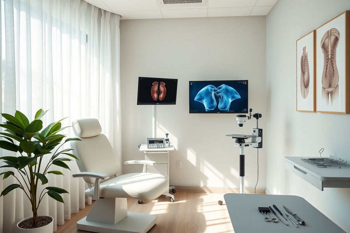 The image depicts a serene and inviting medical examination room designed for patients undergoing microlaryngoscopy. The room is softly illuminated by natural light streaming through a large window adorned with sheer white curtains, creating a calming atmosphere. In the center, a comfortable examination chair is positioned next to a sleek, state-of-the-art laryngoscope setup, which includes a high-definition monitor displaying detailed images of vocal cords and a microscope for examination. The walls are painted in soothing pastel shades, complemented by tasteful artwork depicting the human vocal anatomy. On a nearby table, various surgical instruments are neatly arranged, glistening under the soft light, symbolizing precision and care. A potted plant adds a touch of greenery, enhancing the room’s tranquility. The overall composition conveys a sense of professionalism and safety, inviting patients to feel at ease as they prepare for their procedure. The absence of any text allows the viewer to focus entirely on the comforting environment and the advanced technology that underscores the importance of vocal health.