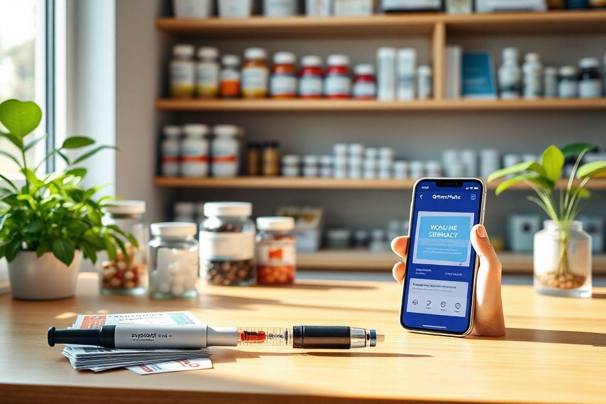 A photorealistic image depicting a serene and inviting home pharmacy setting. The scene features a well-organized countertop with various health and wellness products neatly arranged. In the foreground, a sleek, modern autoinjector pen is prominently displayed, symbolizing Xyosted, alongside a small stack of colorful manufacturer coupons and a smartphone displaying the Optum Perks app with visible discount offers. Soft, natural light streams in from a nearby window, highlighting the warm wooden tones of the countertop and the gentle curves of glass containers filled with vitamins and supplements. In the background, a potted green plant adds a touch of life, while shelves filled with neatly labeled medication bottles and health resources provide a sense of thoroughness and care. The overall composition conveys a sense of accessibility and support, inviting patients to explore their options for testosterone replacement therapy in a calm and reassuring environment.