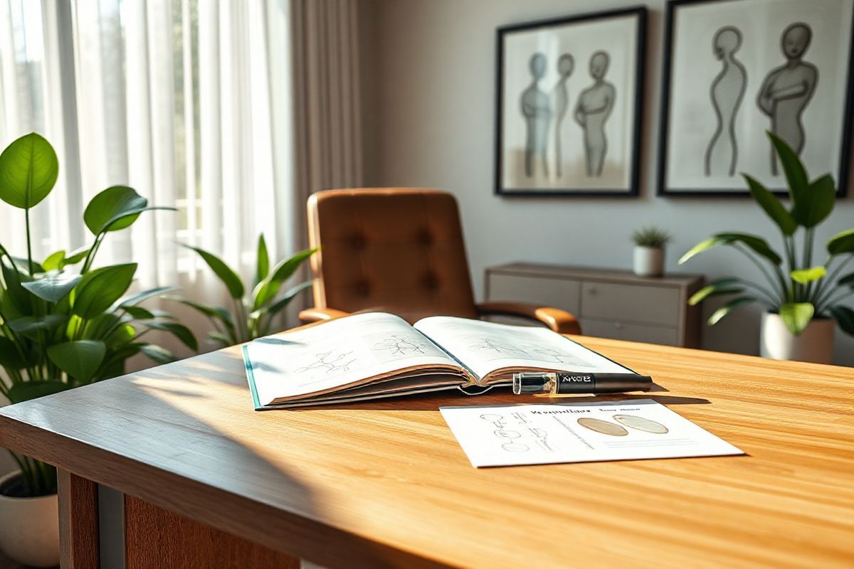 A photorealistic image depicting a serene and sophisticated home office space bathed in natural light. The focal point is a sleek wooden desk with a modern design, adorned with a stylish prefilled autoinjector pen, symbolizing Xyosted. Beside the pen, there’s an open medical journal showcasing diagrams of hormone structures, hinting at the importance of testosterone therapy. The background features a large window with sheer white curtains, allowing soft sunlight to filter through, illuminating lush green plants that add a touch of nature. A comfortable leather chair sits at the desk, inviting relaxation and focus. On the wall, tasteful artwork depicting abstract representations of health and vitality enhances the soothing atmosphere. The overall color palette consists of warm earth tones, with accents of green, creating a calming yet professional ambiance, ideal for discussions about health and wellness. This image encapsulates the essence of modern therapeutic practices while promoting a sense of tranquility and sophistication in personal health management.