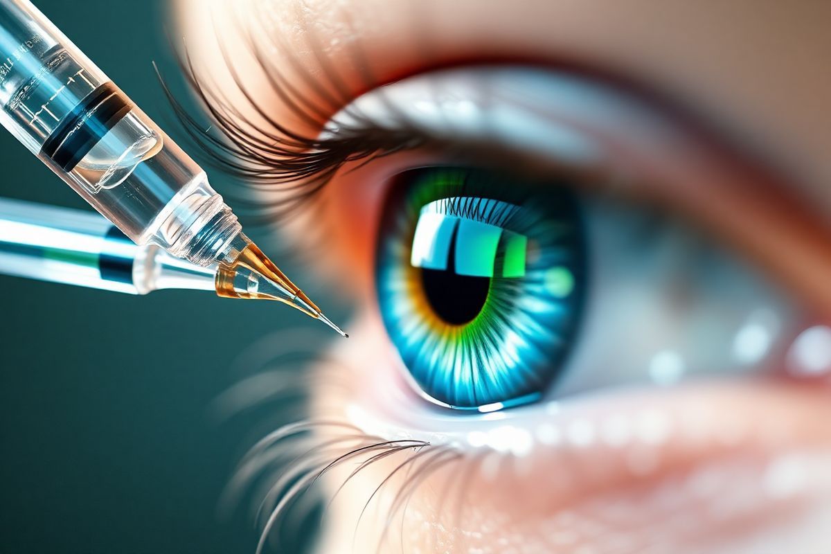 A close-up, photorealistic image of a glistening eye, showcasing the intricate details of the iris and pupil, surrounded by a soft blur that emphasizes its importance. The eye is depicted with vibrant hues of blue and green, reflecting an array of colors that suggest depth and emotion. In the background, a subtle hint of medical equipment can be seen, such as an elegant glass syringe filled with a clear liquid, symbolizing the precision of intravitreal injections. The syringe is positioned slightly out of focus, ensuring the eye remains the focal point of the image. Soft light filters in from the side, creating gentle highlights and shadows that enhance the three-dimensional quality of the eye and the syringe. Delicate reflections on the surface of the eye convey a sense of clarity and hope, while the overall composition evokes a feeling of care and attention, underscoring the importance of treatment in preserving vision. The background is softly muted to keep the viewer’s attention on the eye, creating an impactful image that embodies the essence of ophthalmic care and the significance of Lucentis injections.