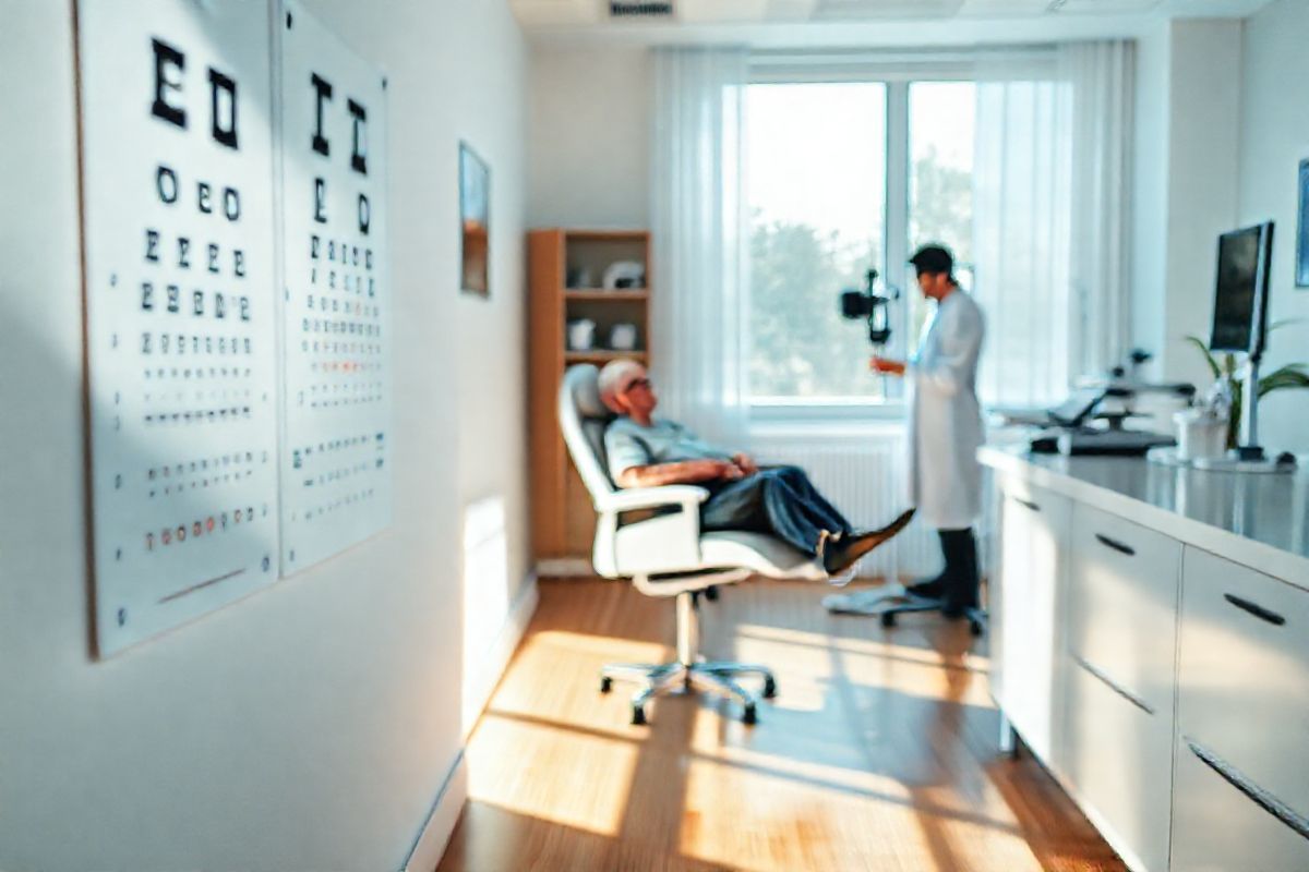 A photorealistic decorative image features a serene and softly lit ophthalmic clinic environment. In the foreground, a close-up of an eye chart hangs on a pristine white wall, partially blurred to emphasize the focus on a patient reclining in a comfortable examination chair. The patient, an elderly individual with a calm expression, is wearing protective eyewear, while a skilled ophthalmologist is seen in the background, preparing a syringe with a clear liquid solution. The room is brightly illuminated by natural light streaming through a large window, casting gentle shadows on the polished wooden floor. Medical instruments, including a retinal camera and an eye examination lamp, are neatly arranged on a nearby counter, adding to the atmosphere of professionalism and care. The overall color palette is soothing, with soft blues and whites, evoking a sense of trust and safety, while the image subtly conveys the importance of eye health and the advanced treatments available for vision-related conditions.