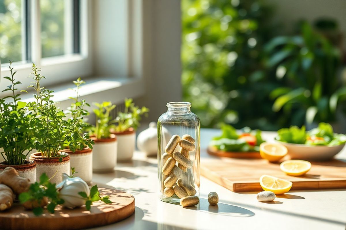 A photorealistic image captures a serene, sunlit kitchen countertop adorned with a delicate arrangement of herbal plants in small, rustic pots. In the foreground, a sleek, transparent glass bottle of Vowst stands prominently, showcasing the four capsules inside, reflecting the natural light. Surrounding the bottle are fresh ingredients like ginger, garlic, and a few sliced lemons, symbolizing health and wellness. A wooden cutting board lies nearby, with a subtle hint of a vibrant salad being prepared, emphasizing the importance of a balanced diet. Soft green and earthy tones dominate the scene, creating a calming atmosphere that suggests healing and rejuvenation. In the background, a window reveals a lush garden, allowing natural light to flood the space, enhancing the overall feeling of vitality and hope. The image conveys a sense of modern health-conscious living, integrating nature and science harmoniously.