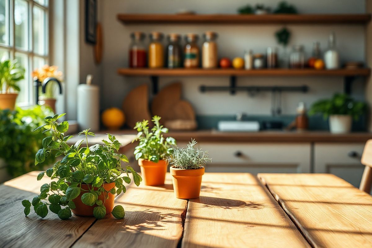 A photorealistic decorative image features a serene and inviting kitchen environment, characterized by a warm, natural color palette. The focal point is a rustic wooden table adorned with an elegant, simple arrangement of fresh herbs such as basil, thyme, and rosemary in small terracotta pots, symbolizing health and vitality. Surrounding the table are soft, natural light streaming through a window, casting gentle shadows that enhance the textures of the wood. In the background, a cozy kitchen shelf displays jars filled with various spices and colorful fruits, emphasizing a connection to wholesome ingredients. The scene also includes a subtle hint of laboratory glassware, like a beaker and pipette, representing scientific innovation in medicine. Overall, this image conveys a harmonious blend of nature and science, reflecting the theme of restoring balance in health, akin to the mechanism of Vowst in combating C. diff infections. The tranquil atmosphere invites the viewer to appreciate the importance of gut health and the transformative power of biologic treatments.