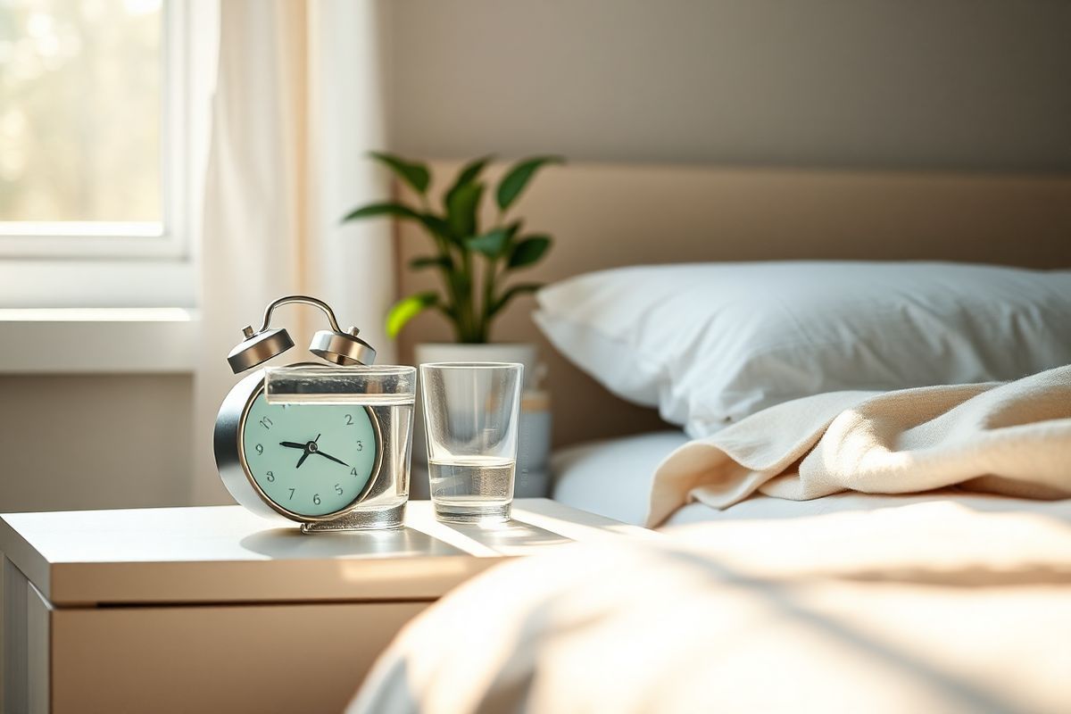 A photorealistic image featuring a serene morning scene focused on a neatly arranged bedside table. The table is adorned with a sleek, modern alarm clock displaying a soft glow of light, indicating an early hour. Next to it, a glass of water sits beside a bottle of Nuvigil tablets, the label subtly blurred to maintain focus on the product’s form rather than its branding. A warm, diffused sunlight streams through a nearby window, casting gentle shadows and illuminating a plush, inviting bed with crisp white linens. On the bed, a soft, pastel-colored throw blanket is draped casually, adding a touch of coziness to the scene. In the background, a potted plant with lush green leaves adds a pop of color and freshness, enhancing the calming atmosphere. The overall color palette is soothing, with soft whites, muted pastels, and earthy greens, creating a tranquil environment that reflects the theme of wakefulness and rejuvenation associated with Nuvigil.