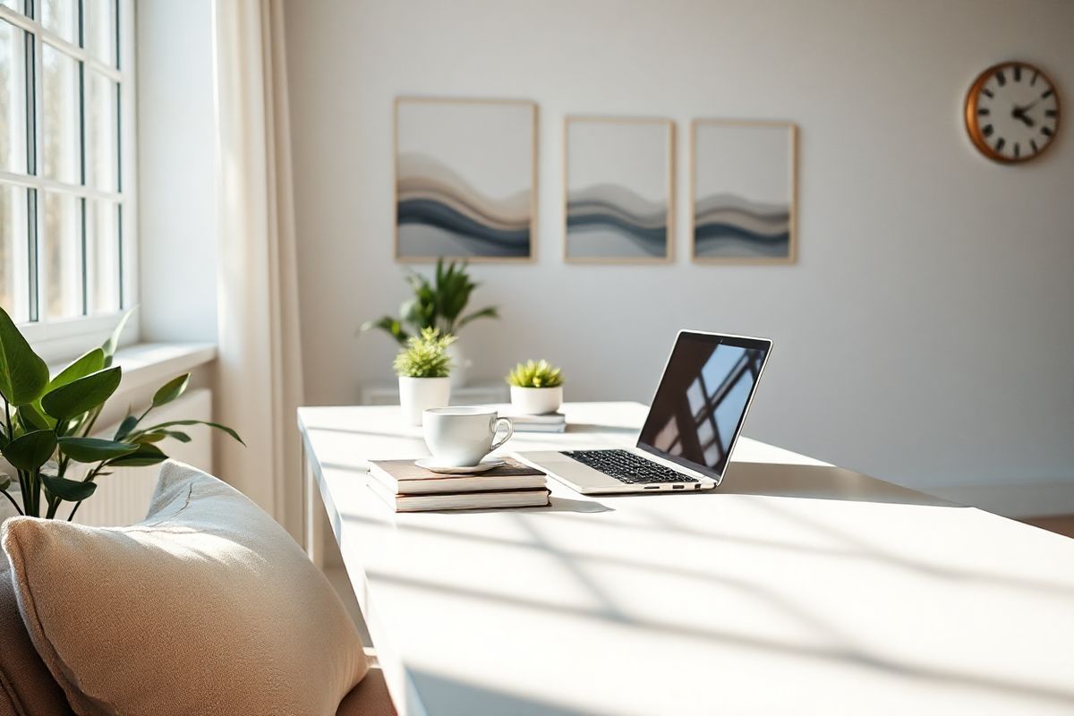 A serene and inviting workspace is depicted, featuring a modern desk with a sleek laptop open, surrounded by soft, natural light streaming through a large window. On the desk, there are a few neatly arranged books, a stylish coffee cup steaming gently, and a small potted plant adding a touch of greenery. The background showcases a minimalist wall adorned with calming art pieces, perhaps abstract representations of waves or clouds, evoking a sense of tranquility. The overall color palette consists of soft whites, light grays, and earthy tones, creating a harmonious atmosphere. A comfortable chair with plush cushions sits beside the desk, inviting one to sit and focus. A subtle hint of a clock is visible on the wall, suggesting the importance of time management in maintaining productivity and alertness. The scene embodies a perfect blend of functionality and aesthetic appeal, ideal for someone looking to enhance their wakefulness and productivity, resonating with the themes of focus and clarity discussed in the article about Nuvigil.