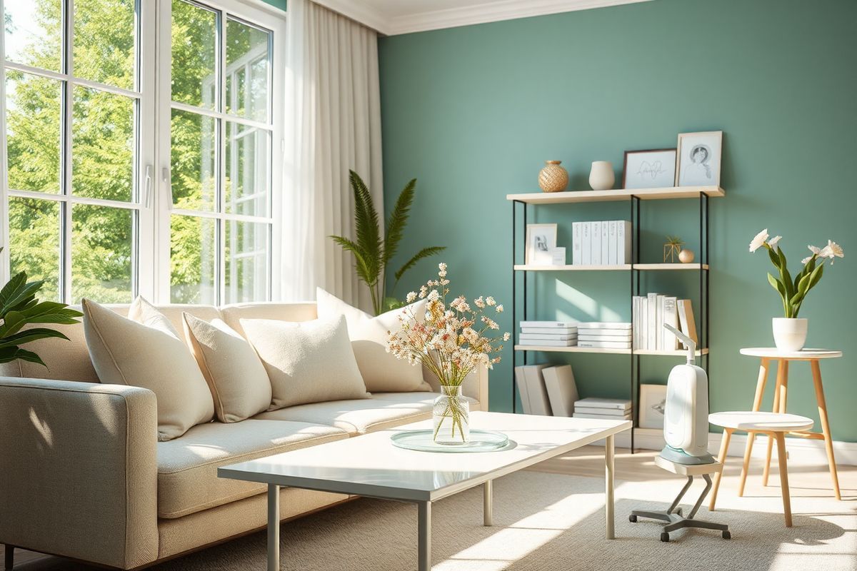 A photorealistic image of a tranquil, sunlit room with large windows showcasing a view of lush greenery outside. The room features a cozy seating area with a soft, light-colored sofa adorned with pastel throw pillows. A sleek, modern coffee table sits in front, holding a small, elegant vase filled with fresh wildflowers. To the side, a well-organized shelf displays various health-related books and a few decorative items that evoke a sense of well-being. The walls are painted in calming shades of blue and green, contributing to the overall serene atmosphere. Natural light filters through sheer curtains, casting gentle shadows and creating a warm ambiance. Nearby, a nebulizer device is subtly placed on a small side table, hinting at the importance of respiratory health. The image conveys a sense of comfort and safety, ideal for someone seeking relief from bronchospasm symptoms while promoting a healthy lifestyle.