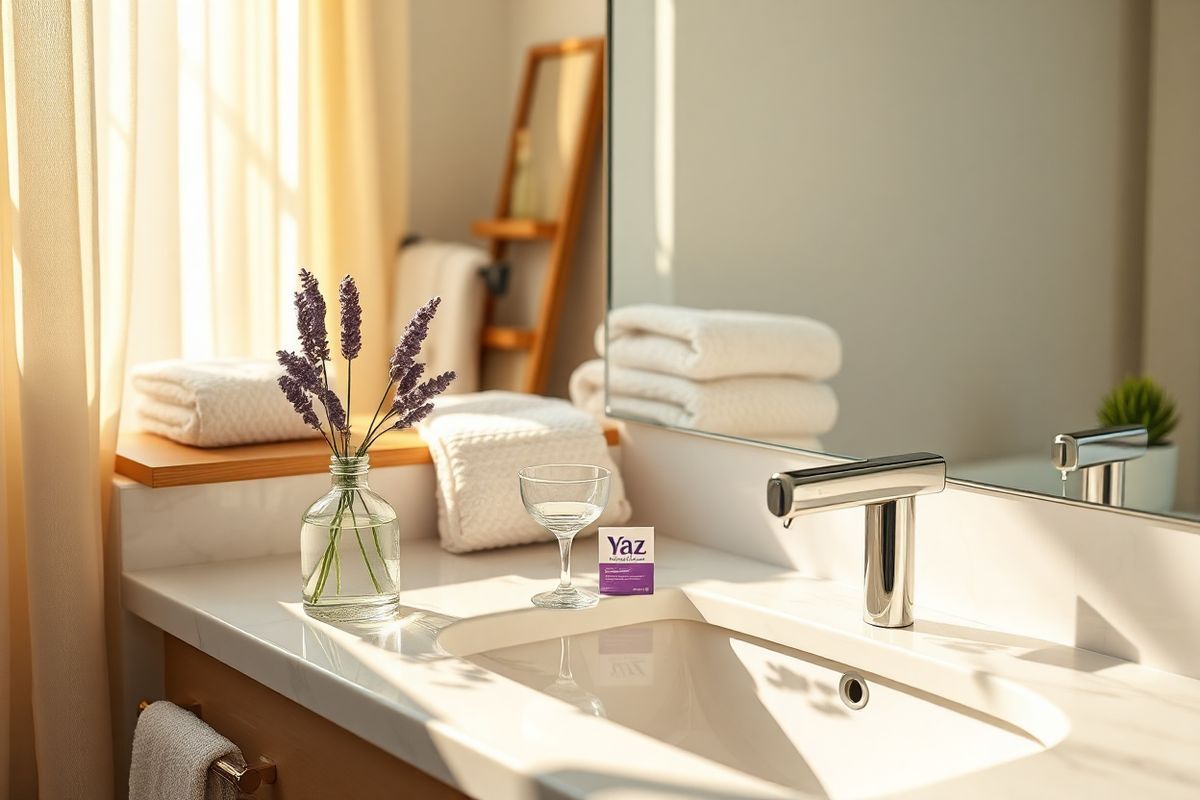 A serene and inviting scene captures a cozy, softly lit bathroom setting. The focal point is a stylish bathroom vanity adorned with elegant, minimalist decor. On the countertop, a small, delicate vase holds fresh lavender sprigs, their purple hues contrasting beautifully against the white marble surface. Nearby, a sleek, modern bottle of Yaz sits alongside a glass of water, emphasizing its role in a daily routine. The background features a large mirror reflecting warm, golden light that creates a tranquil ambiance. Soft, fluffy towels in muted pastels are neatly arranged on a wooden shelf, while a potted succulent adds a touch of greenery. The overall color palette combines soft whites, gentle greens, and hints of lavender, evoking a sense of calm and self-care. Subtle shadows cast by the afternoon sun filtering through sheer curtains enhance the warmth of the scene, making it feel inviting and soothing—a perfect representation of a thoughtful space for personal health and wellness routines.