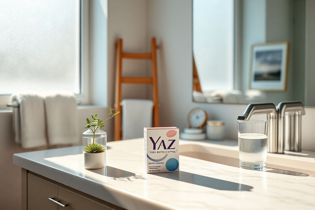 A photorealistic decorative image features a serene, softly lit scene of a modern bathroom. The focus is on a stylish countertop adorned with elegant beauty products, including a sleek bottle of Yaz birth control pill packaging, a small potted succulent adding a touch of greenery, and a delicate glass of water. The background showcases a large, frosted window filtering in natural light, casting gentle shadows across the marble surface. Luxurious towels hang neatly on a wooden rack, and a mirror reflects the tranquil ambiance, enhancing the feeling of calm and self-care. The color palette consists of soft pastels and neutral tones, creating a soothing atmosphere that conveys wellness and personal health. Decorative elements like a minimalist clock and a small framed print of a calming landscape complete the scene, emphasizing a balance between functionality and aesthetic appeal, perfect for individuals prioritizing their health and beauty routines.