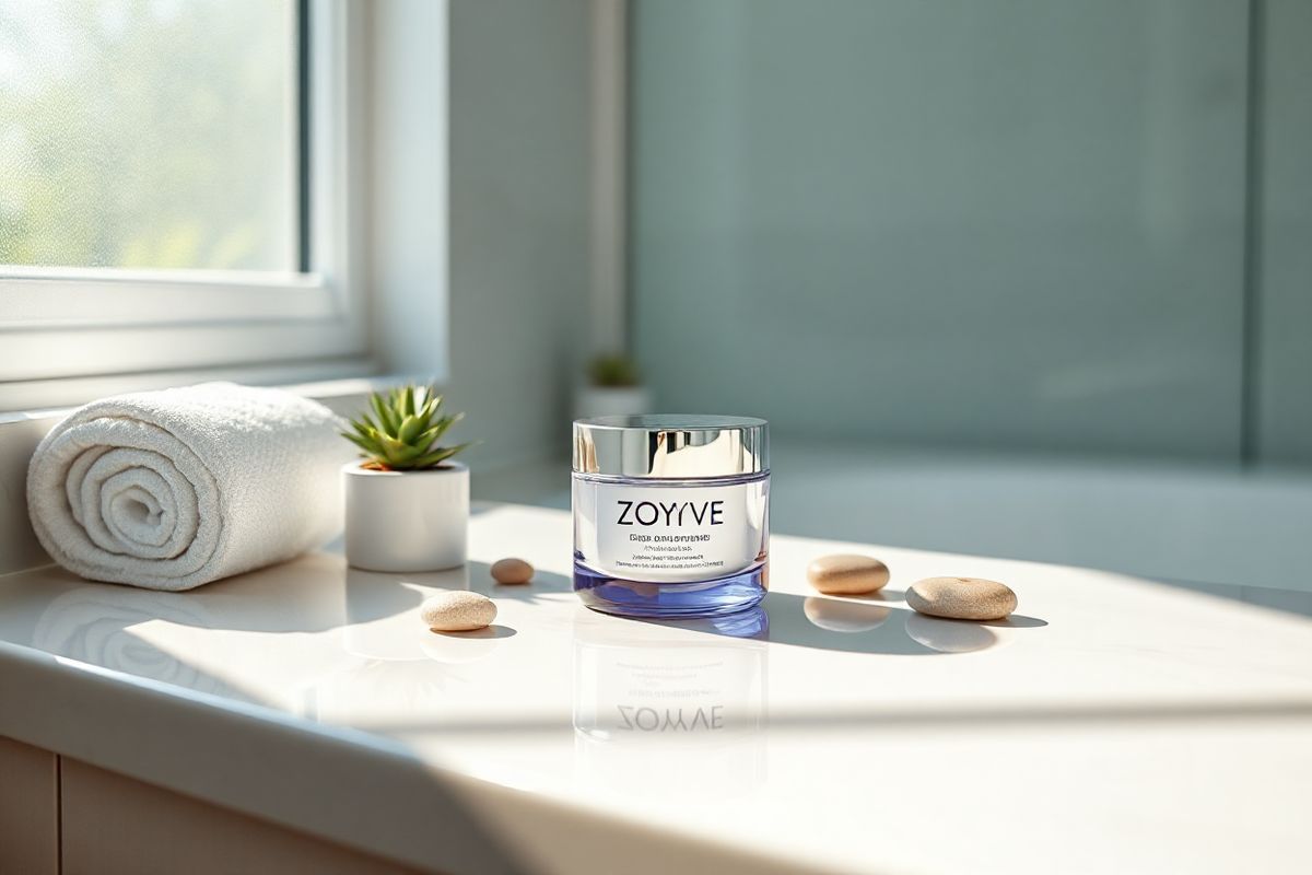 A photorealistic image of a serene bathroom setting featuring a clean, modern countertop elegantly adorned with a stylish, minimalist jar of Zoryve cream. The jar is sleek and glossy, reflecting soft, natural light streaming in through a frosted window, which casts gentle shadows on the counter. Surrounding the jar are delicate elements such as a small potted succulent, a rolled white towel, and a few smooth pebbles, evoking a sense of tranquility and self-care. In the background, the bathroom displays subtle shades of light gray and white, with a hint of greenery visible through the window, enhancing the overall calming atmosphere. The reflection of the jar and surrounding items on the polished countertop adds depth and realism to the scene, inviting viewers to imagine the soothing ritual of skincare. The composition captures the essence of relaxation and health, perfectly complementing the discussion of Zoryve’s benefits and effectiveness in treating skin conditions.