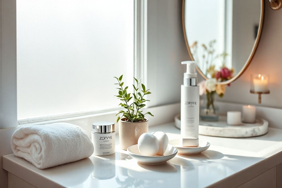 A serene and inviting scene depicting a bathroom vanity illuminated by soft, natural light filtering through a frosted window. The countertop is adorned with elegant, minimalist skincare products, including a sleek tube of Zoryve cream and a canister of Zoryve foam, both artfully placed beside a small, lush green plant in a stylish pot, symbolizing rejuvenation and care. A plush white towel, neatly folded, lies next to a delicate porcelain dish holding a few organic cotton pads. The background features a calming color palette of soft whites and muted pastels, enhancing the sense of tranquility. In the reflection of a polished mirror, hints of fresh flowers in a glass vase add a touch of nature, while decorative elements like a subtle marble tray and a softly glowing candle complete the harmonious arrangement. The overall ambiance conveys a sense of wellness, emphasizing the importance of self-care and the gentle, effective approach of Zoryve in treating skin conditions.