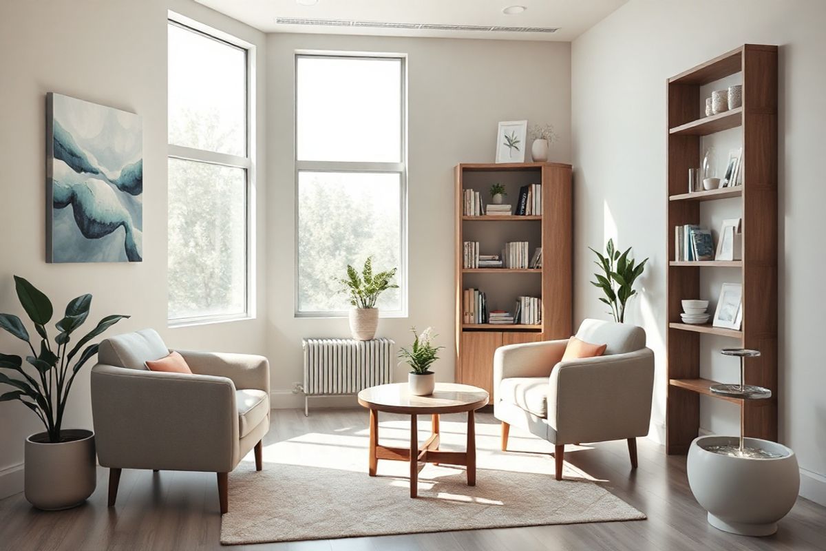 A serene, photorealistic image captures a tranquil medical office setting designed for mental health consultations. The room features soft, neutral tones with natural light streaming in through large windows, illuminating a cozy seating area with plush armchairs and a small coffee table adorned with a calming plant. On the walls, there are abstract art pieces in soothing colors, conveying a sense of peace and mental clarity. A bookshelf filled with wellness literature and decorative items subtly emphasizes the importance of holistic care. In one corner, a gentle water fountain adds to the tranquil atmosphere, while a soft rug underfoot invites comfort and relaxation. The overall ambiance reflects a harmonious blend of physical and mental wellness, creating an inviting space where individuals can feel secure and open during their therapy sessions. This image embodies the essence of understanding and support in mental health, resonating with the themes of anxiety disorders and the need for accurate diagnosis amidst overlapping medical conditions.