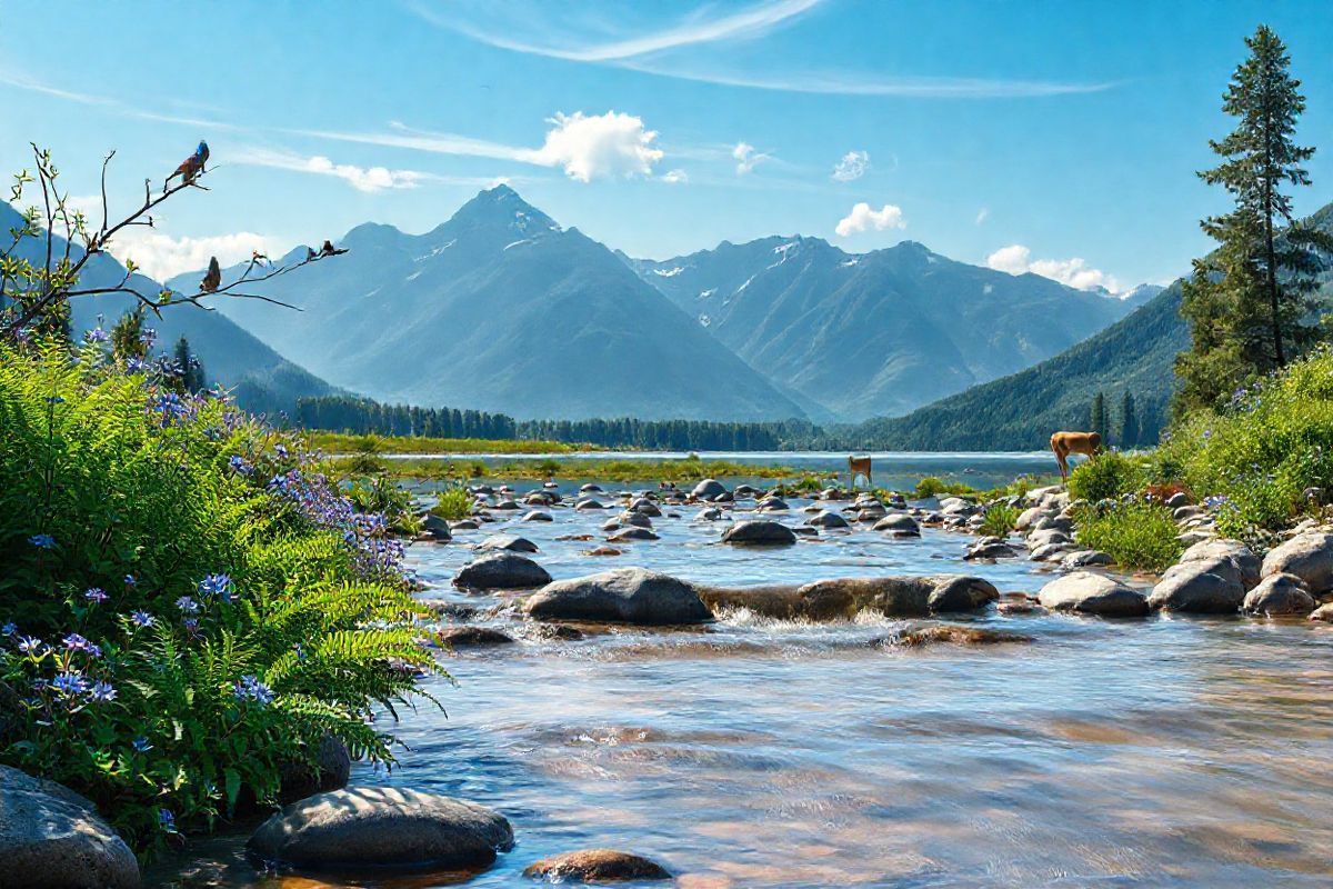 A serene, photorealistic image of a tranquil nature scene that embodies calmness and peace. The foreground features a gentle stream flowing over smooth stones, with soft ripples reflecting the sunlight. Lush greenery surrounds the stream, including vibrant ferns and delicate wildflowers in various shades of blue and purple. In the background, majestic mountains rise against a clear blue sky, their peaks dusted with a hint of snow. Wispy clouds drift lazily above, adding to the sense of tranquility. A few birds can be seen perched on branches, while a distant deer grazes peacefully at the water’s edge. The overall composition conveys a sense of balance and harmony, inviting viewers to breathe deeply and feel a sense of relief from anxiety. The colors are soft and soothing, with gentle contrasts that evoke feelings of safety and comfort, making it an ideal visual representation of the themes of mental health and calmness discussed in the article.